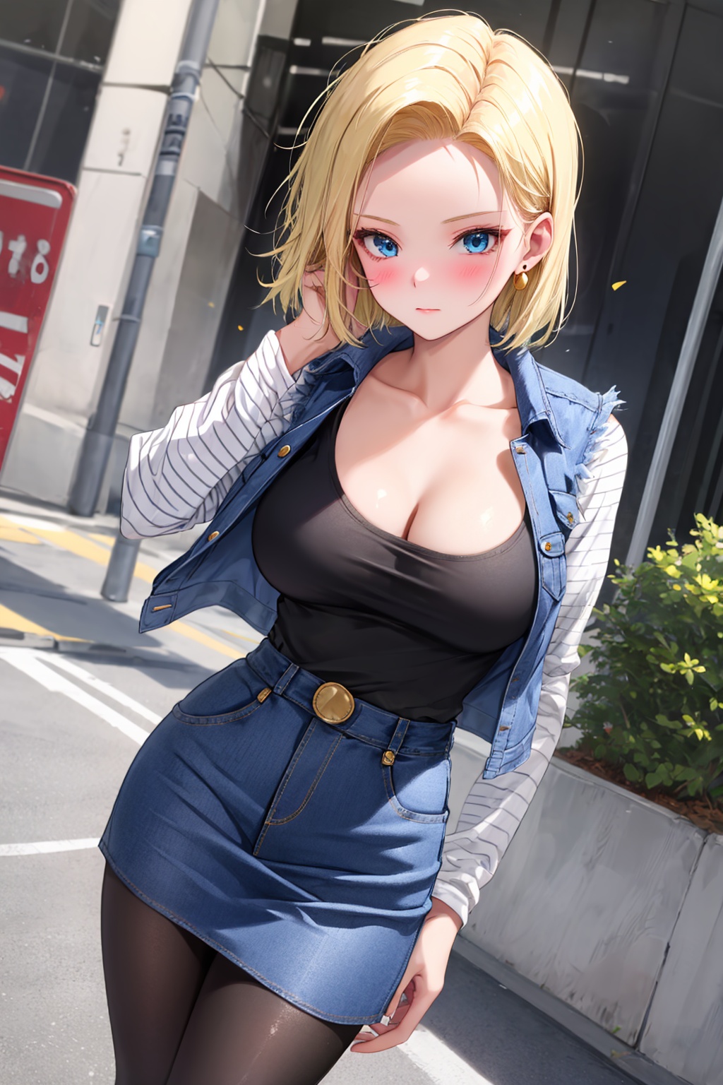 1girl,android 18,breasts,skirt,solo,outdoors,blonde hair,denim,blue eyes,large breasts,pantyhose,looking at viewer,long sleeves,jewelry,shirt,day,earrings,denim skirt,blush,collarbone,short hair,black shirt,road,street,denim jacket,striped shirt,black pantyhose,striped,bangs,closed mouth,parted bangs,open clothes,cowboy shot,forehead,blue skirt,jacket,standing,high-waist skirt,vest,dutch angle,striped sleeves,taut clothes,building,shirt tucked in,taut shirt,<lora:android18-lora-nochekaiser:1>,<lora:android_18_v110:0.4>,
