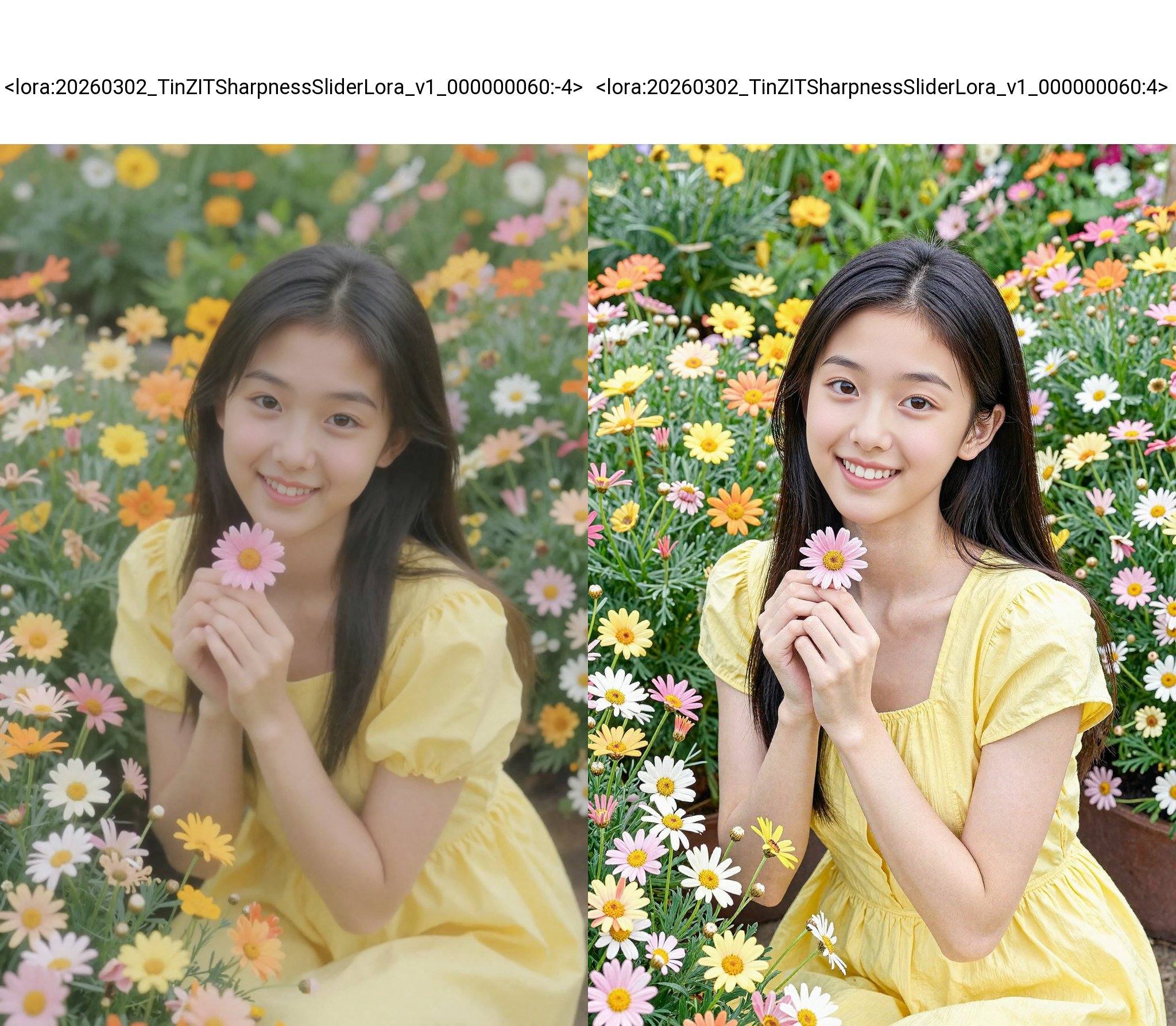 <lora:20260302_TinZITSharpnessSliderLora_v1_000000060:-4>, The image is a high-resolution photograph capturing a young Asian woman with a fair complexion and long, straight black hair. She is smiling warmly at the camera, exuding a sense of happiness and contentment. She is wearing a simple, short-sleeved yellow dress that contrasts beautifully with the vibrant flowers surrounding her. The flowers are a mix of daisies in various shades of yellow, orange, pink, and white, creating a lush, colorful garden backdrop. The woman's hands are gently holding a pink daisy, and her expression is one of genuine joy and connection with nature. The flowers are in full bloom, with their petals slightly closed, giving a soft, delicate appearance. The background is filled with green foliage and more flowers, creating a rich, immersive garden scene. The overall mood of the photograph is serene and uplifting, emphasizing the beauty of nature and the simple pleasure of being surrounded by flowers. The image is well-lit, with natural light enhancing the vivid colors and textures of both the flowers and the woman's skin.