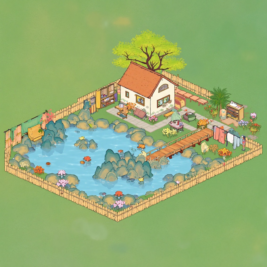 GFCJ,A house,a pond,a bridge,shelves,clothes hanging,surrounded by a fence.,