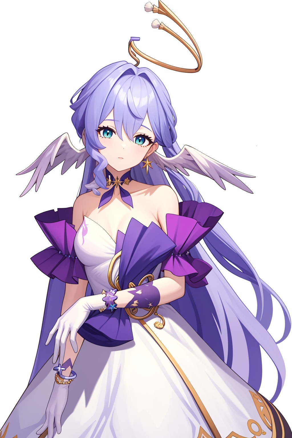 <lora:知更鸟naiv1:1>,robin,a girl named robin,1girl,white dress,bare shoulders,halo,white gloves,earrings,bracelet,head wings,, (masterpiece,best quality,high quality:1.4),absurdres,