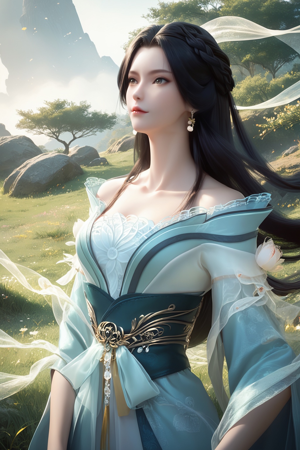 1girl,jewelry,earrings,black hair,grass,dress,solo,flower,tree,long hair,rock,sash,upper body,outdoors,chinese clothes,<lora:wy_jiangli_XL1.0:0.8>,, score_9,score_8_up,score_7_up,score_6_up,score_5_up,score_4_up,