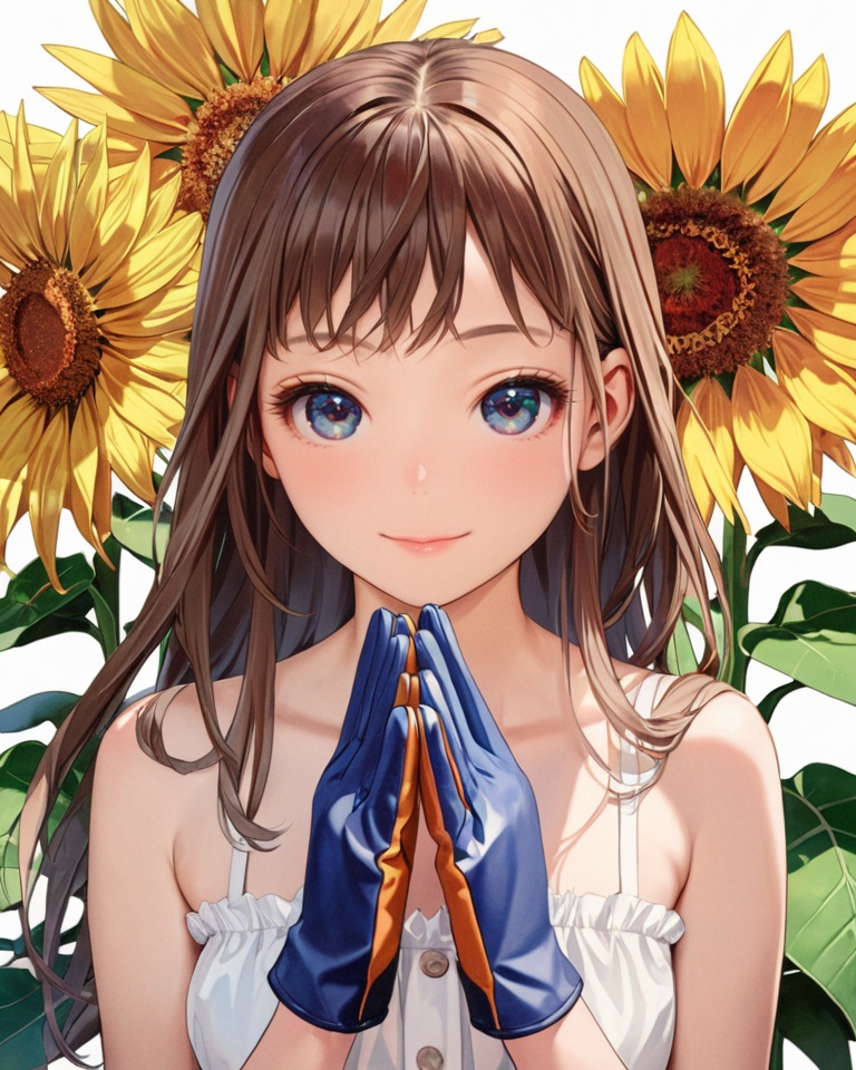 (best quality), ((masterpiece)), (highres), illustration, original, extremely detailed,  <lora:莲实复古动漫XL:0.7>1girl, solo, sunflower, flower, gloves, looking at viewer, long hair, brown hair, smile, bare shoulders, upper body, own hands together, bangs, collarbone, blush, closed mouth, lips, blue eyes