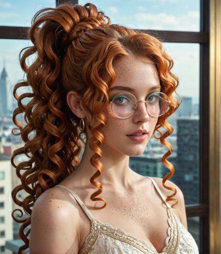 Photorealistic, score_9, score_8_up, score_8, side view, very pretty girl, irish girl, beautiful, kawai, (very long curly orange curly ginger hair ponytail bun:1.4), face portait:1.8, chocker, snub nose, cute, pale, 22 years old, fit, milk skin, soft natural perfect skin texture:1.5, (soft freckles), (perfect detailed gold frame round glasses:1.4), perfect detailed emerald green eye, slim body, tonic body), small button nose, full lips:1.6, thin ginger eyebrown, soft green eyeshadow, pink glossy lipstick, small mouth, open mouth:1.4 gold earings,, (detailed background, bedroom modern living, wide window on the city), (extemely freckly chest:1.6), seductive pose, (seeing viewer), (perfect studio ligth), (sexy elegant blouse:1.6, ), <lora:Pony Realism Slider:2.95> (highly realistic:1.95), perfect natural hair:1.6, soft thin hair:1.6
