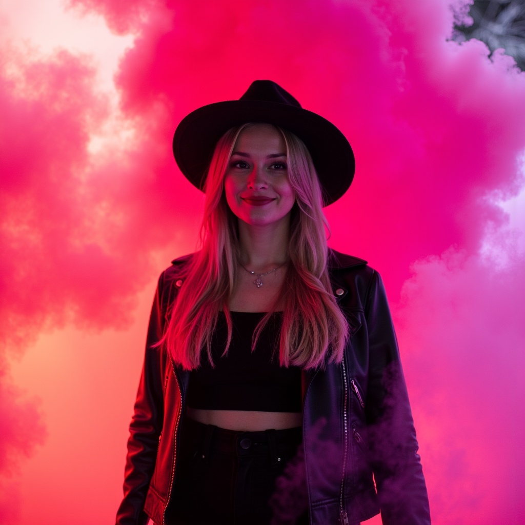 araffe woman in a black hat and leather jacket standing in a cloud of pink smoke,pink fog background,pink smoke,acid color smoke,muted colorful smoke,smoke background,smoke machine,red smoke,volumetric smoke,muted neon smoke,behance. polished,colorful smoke,smoke effects,neon smoke,unsplash transparent,psychedelic smoke background,pink cloud background,colored smoke,smoke grenade,purple smoke,iridescent smoke,color smoke,symmetric lights and smoke,unsplash contest winning photo,pink mist,smoke out of her eyes,whirling smoke radiant colors,heavy fog machine,fluid coloured smoke,thick colorful smoke,floating in smoke,brightly coloured smoke,portrait featured on unsplash,