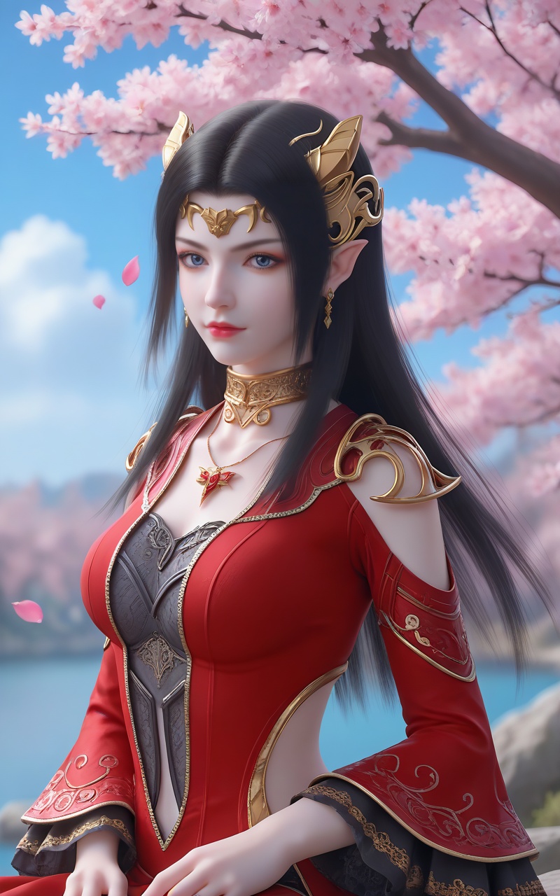 <lora:美杜莎pony-000013:0.6>,meidusha,1girl,solo,jewelry,pointy ears,black hair,dress,earrings,blue sky,clothing cutout,red dress,long hair,sky,hair ornament,blue eyes,necklace,petals,falling petals,cherry blossoms,closed mouth,sitting,upper body,breasts,outdoors,metal collar,cloud,looking at viewer,depth of field,masterpiece,best quality,very aesthetic,2024,2023,perfect composition,ultra-detailed,extreme aesthetic,(quasarcake:0.7),masterpiece,best quality,good quality,newest,year 2024,year 2023,very aesthetic,absurdres,looking_at_viewer,colorful,