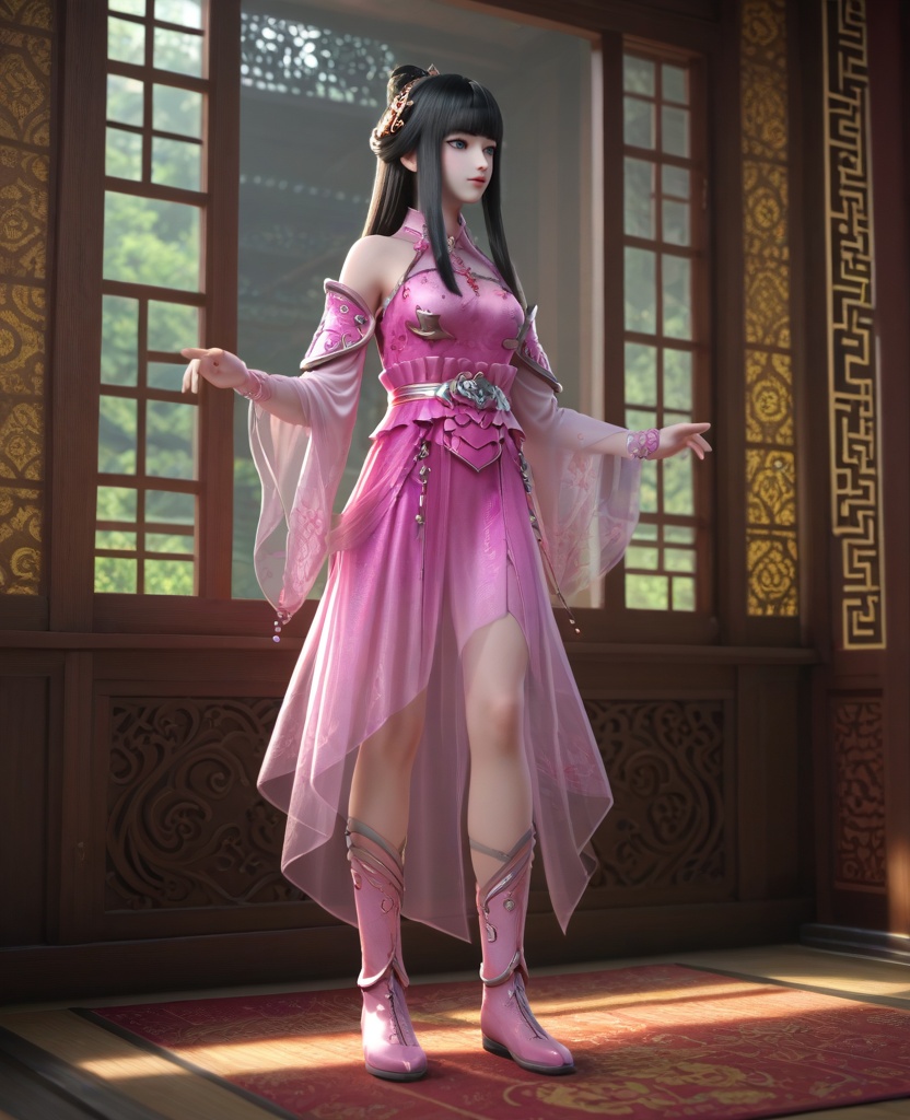 (oriental architecture, elegant decor, sophisticated style:1.1),(Standing near a window, hands pressed against the glass, looking out with longing,:1.1),(breasts:1.2),<lora:XL16墓王之王林水瑶:0.95>,miss linshuiyao,pink dress,see-through,blue eyes,black hair,hime cut,long hair,hair ornament,detached sleeves,hair bun,sash,spiral leg decoration,pink boots,, score_9,score_8_up,score_7_up,score_6_up,score_5_up,score_4_up,3d rendering,tag1,tag2, Cinematic Lighting,backlighting,