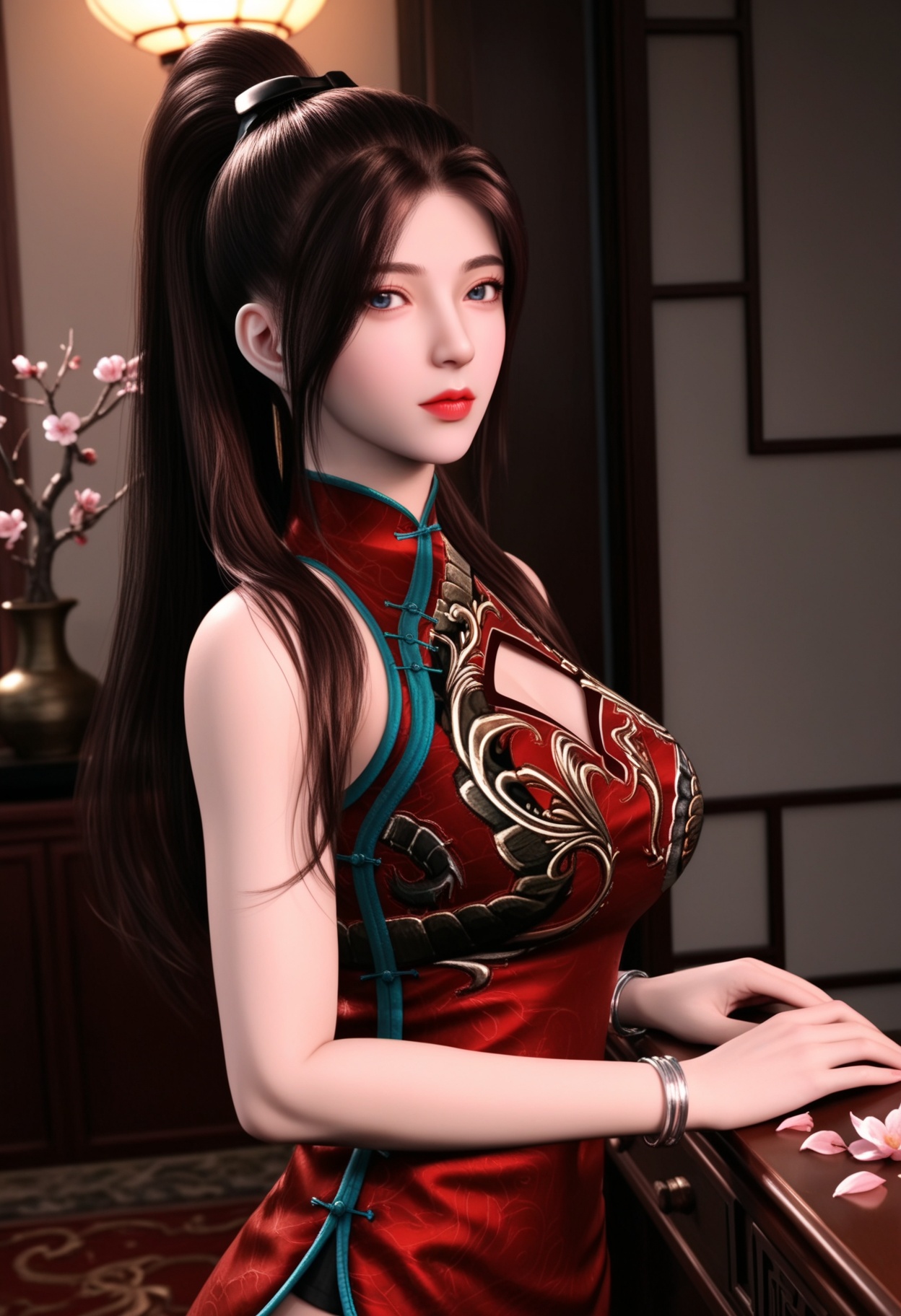 masterpiece,best quality,amazing quality,very aesthetic,high resolution,ultra-detailed,absurdres,scenery,photorealistic,(looking at viewer:1.1),upper body,(Dark room:1.3),(moody lighting:1.1),peach blossom,falling petals,(large breasts:0.8),tangzichen,1girl,solo,long hair,brown hair,chinese clothes,dress,china dress,red dress,blue eyes,ponytail,sleeveless,thigh strap,jewelry,bracelet,side slit,sleeveless dress,brown eyes,black hair,high ponytail,high heels BREAK photorealistic details,<lora:QQSilltangzichenV1:0.8>,
