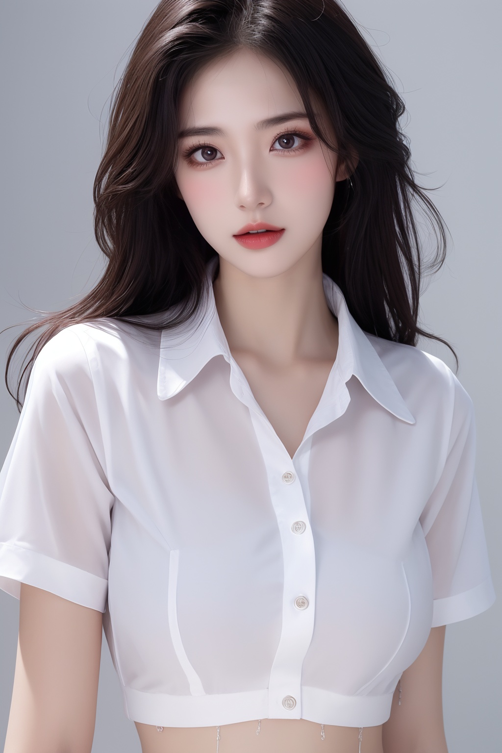 1girl, black hair, bra, bra visible through clothes, breasts, brown eyes, collared shirt, large breasts, lips, long hair, looking at viewer, nose, photorealistic, realistic, see-through, shirt, short sleeves, solo, underwear, upper body, wet clothes, wet shirt, white shirt, wing collar <lora:美女:0.8>