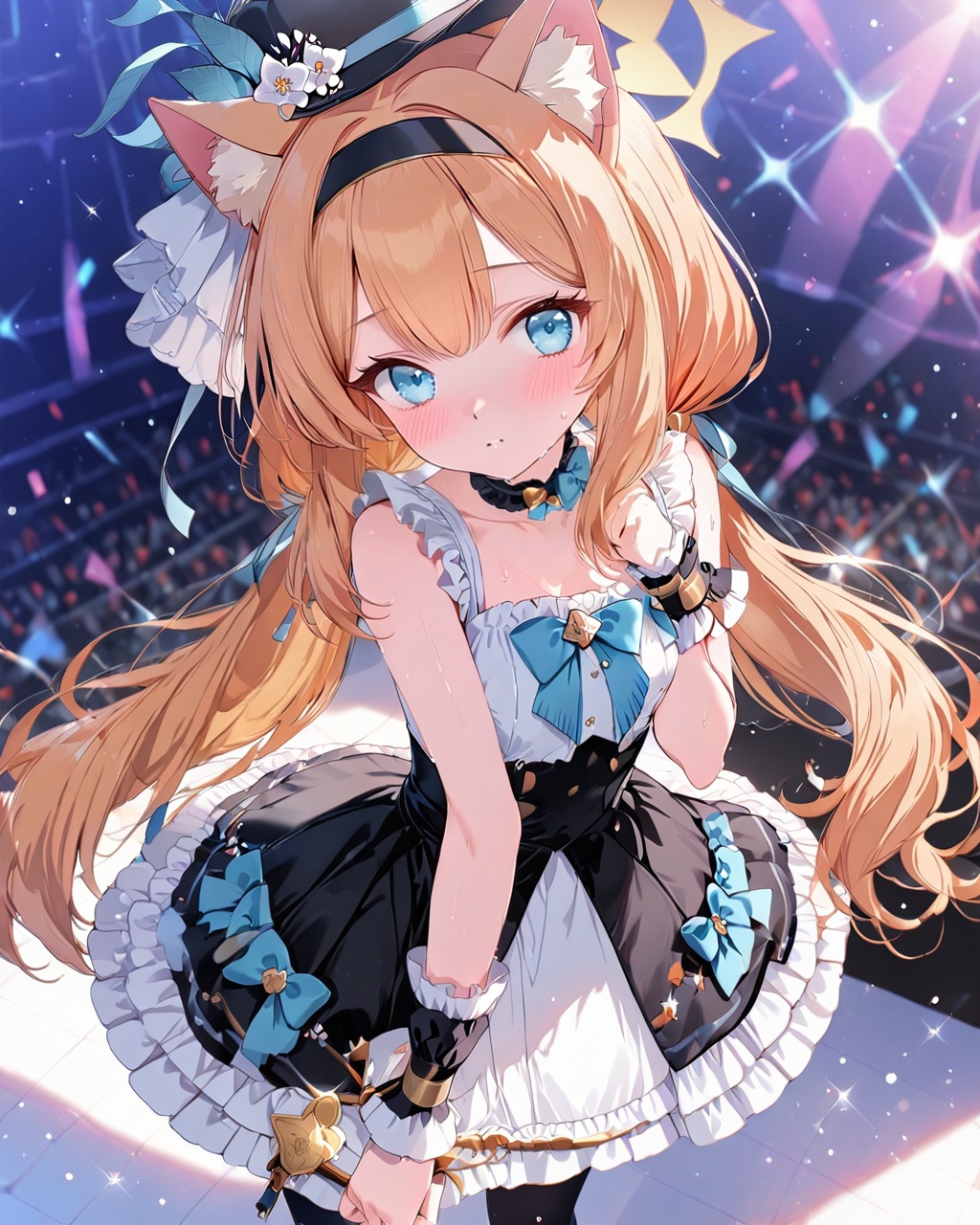 O,Five fingers,mari (blue archive),1girl, animal ears, blue eyes, halo, dress, hairband, solo, long hair, frills, looking at viewer, bow, frilled dress, black dress, blonde hair, cat ears, blush, pantyhose, stage, animal ear fluff, hat, sleeveless, bowtie, bangs, black hairband, twintails, choker, wrist cuffs, sweat, breast,(UHD),anatomically correct,accurate,textured skin,super detail,high details,award winning,best quality,high quality,retina,HD,16k,1080P,