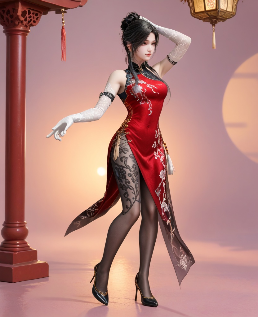(oriental architecture, elegant decor, sophisticated style:1.1),(Poised on tiptoe, one arm arched gracefully above, she epitomizes elegance and discipline in dance:1.1),(breasts:1.2),<lora:XL16永劫无间顾清寒皮肤冰凌:0.95>,miss guqinghan,red china dress,brown eyes,black hair,single updo with long front strands,white elbow gloves,black pantyhose with floral embroidery,black high heels,side slit,, score_9,score_8_up,score_7_up,score_6_up,score_5_up,score_4_up,3d rendering,tag1,tag2, Cinematic Lighting,backlighting,