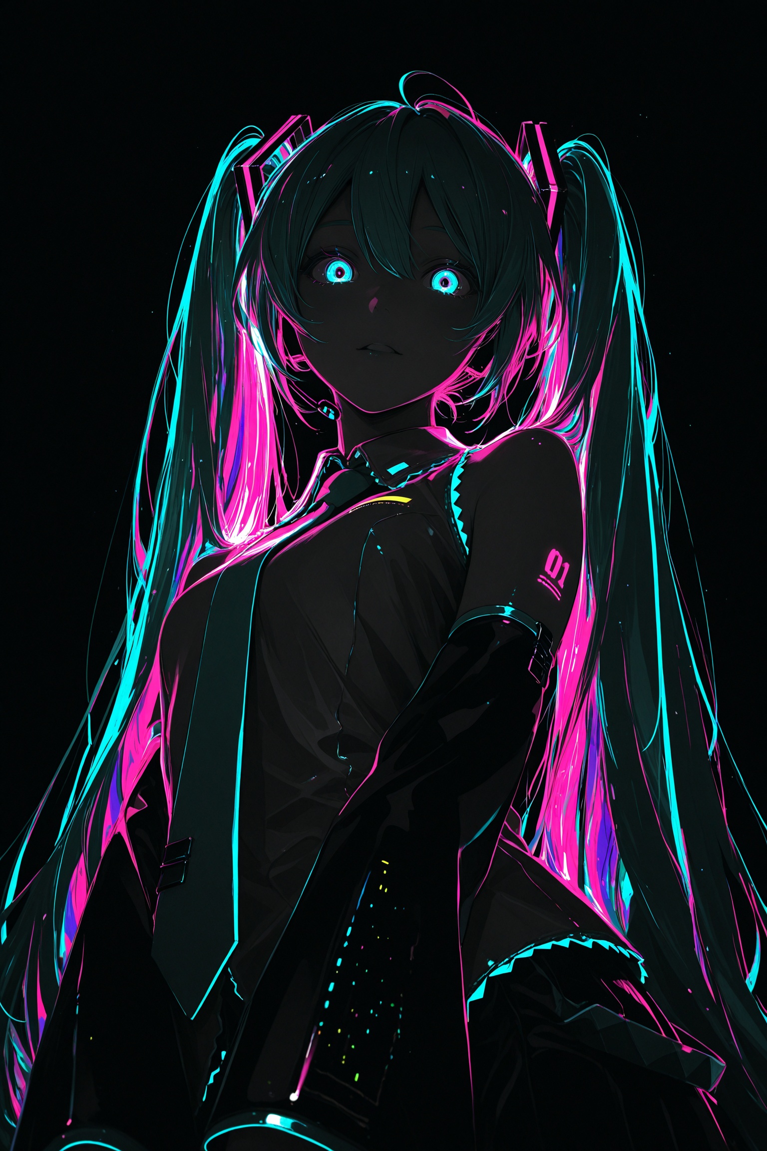 Hatsune Miku,limited palette,black background,colorful,vibrant,glowing outline,neon,blacklight,looking at viewer,masterpiece,very aesthetic,