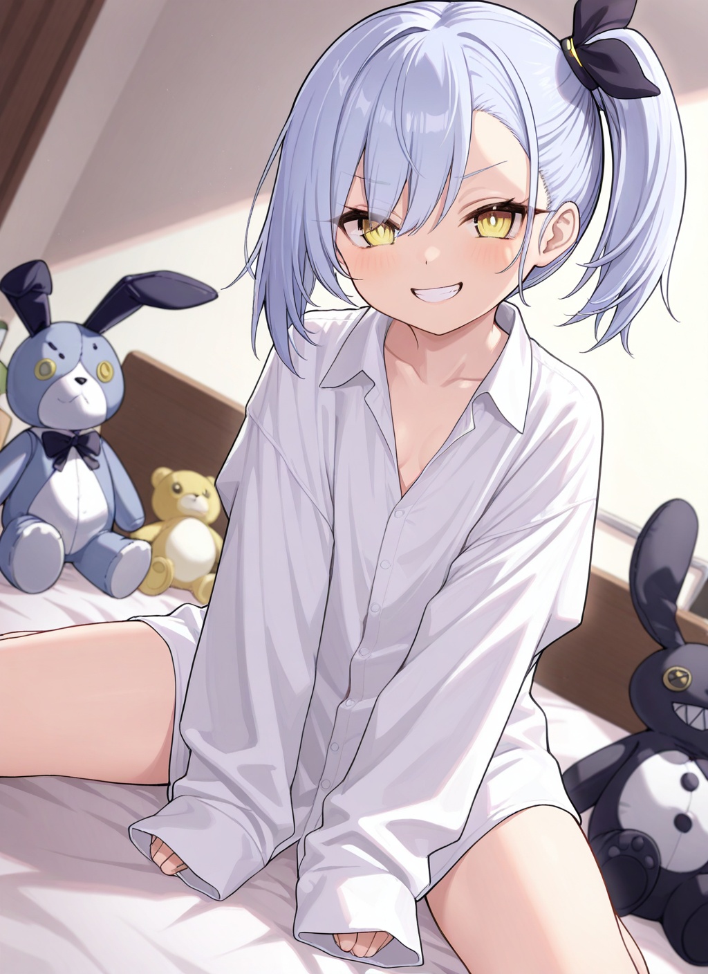 <lora:oceana_IL_v1.0:1>,oceana \(azur lane\),yellow eyes,side ponytail,oversized clothes,(collared shirt:0.8),on bed,stuffed toy,grin,, masterpiece,best quality,