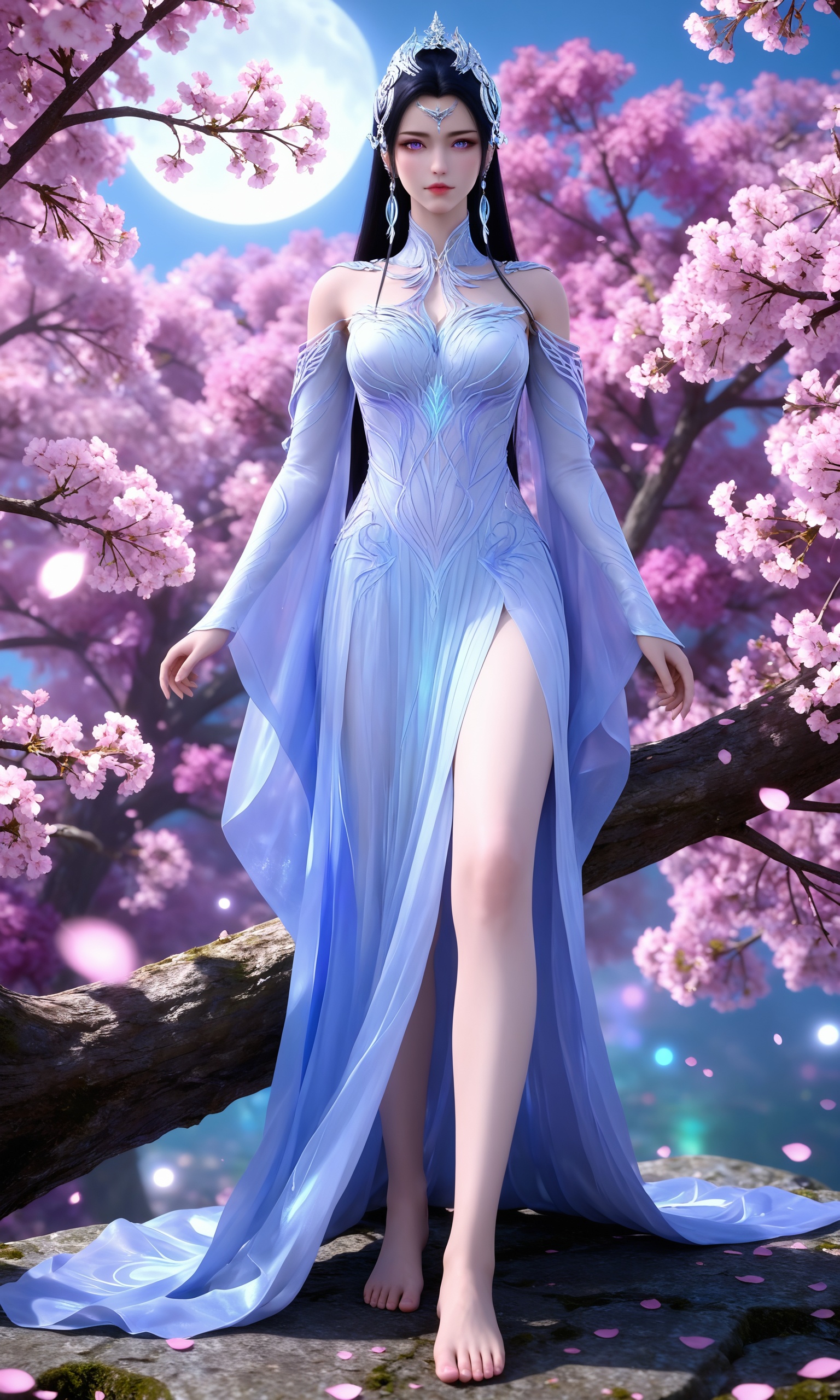 <lora:神国之上-叶婵宫pony:0.7>,1girl,long,dark hair,crown-like headpiece,purple eyes,delicate,flowing patterns of pale blue and silver,resembling intricate lacework dress,long sleeves,high,plunging neckline,barefoot,standing,, masterpiece,best quality,solo,1girl,upper body,petals,looking at viewer,moon,branch,cherry blossoms,flower,extreme aesthetic,(quasarcake:0.7),masterpiece,best quality,good quality,newest,very aesthetic,absurdres,A shot with tension,(Visual impact,giving the poster a dynamic and visually striking appearance:1.2),impactful picture,offcial art,colorful,splash of color,movie perspective,