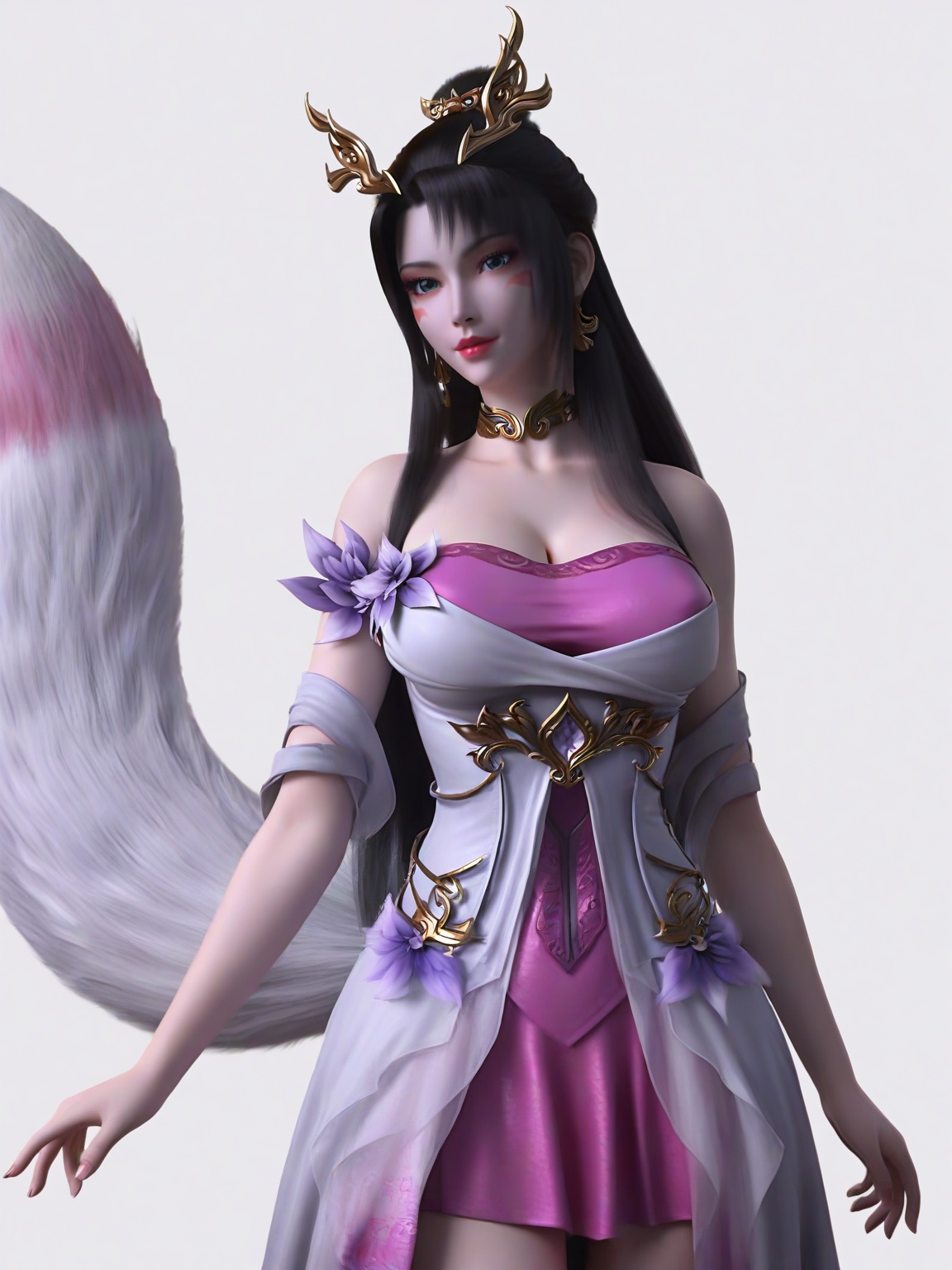 score_9,1girl,solo,dress,long hair,earrings,hair ornament,eyelashes,large breasts,standing,lipstick,facial mark,looking at viewer,fox tail,white background,simple background,cowboy_shot,<lora:SF_TianHu_Pony_Realism2.3-000004:0.7>,