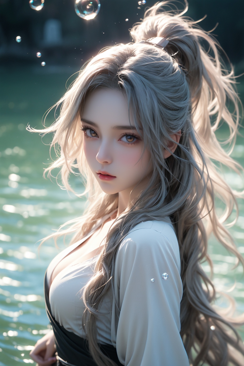 surface of the water,(arknights),lying on th water,nearl(arknights),horse ears,flying petals,(focus on face),horsetail,from above,detailed clothes,detailed face,detailed skin,lens flare watercolor (medium),((masterpice)),spray,bubble,intricate detail,reflection light,contour deepening,cinematic lighting,1 girl,{{detailed yellow hair}},(detailed golden eyes)long hair,{{aqua eyes}},medium breasts,floating white silk,(floating water),(((colorful bubble))),dream,(((extremely detailed cg unity 8k wallpaper))),{painting},(((ink))),amazing,(floating flow),(luminous),beautiful detailed water,drenched,
