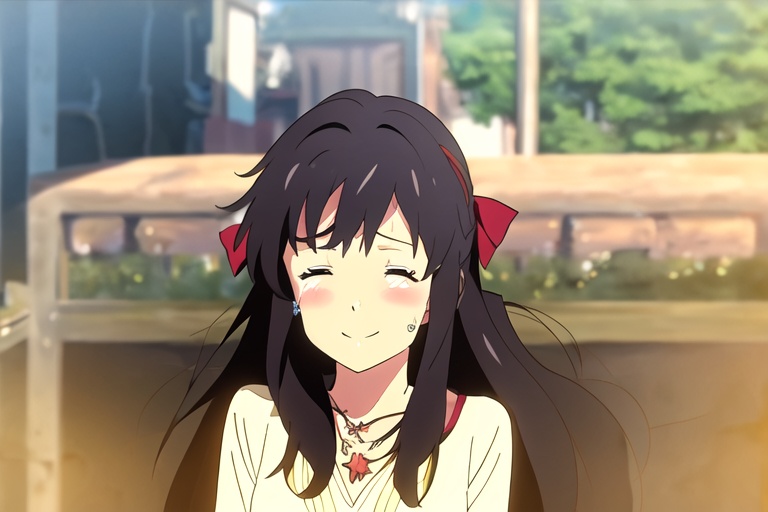 dream,New Haicheng Animation Style,1girl,solo,long hair,blush,smile,black hair,ribbon,jewelry,closed mouth,closed eyes,hair ribbon,upper body,outdoors,tears,necklace,star \(symbol\),red ribbon,yellow shirt,star necklace,miyamizu mitsuha,