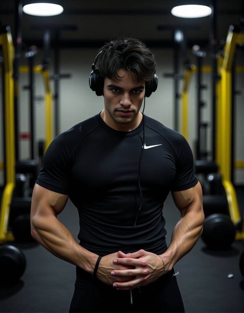 kirk bondad ,  A detailed low-angle image. in exceptional quality. He is in a gym with a predominance of black and a littl...