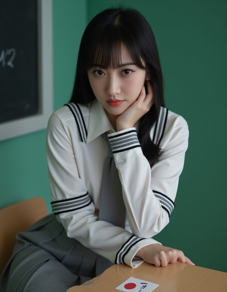A photograph of a young Asian woman with straight black hair and bangs, sitting at a desk in a classroom. She wears a traditional Japanese schoolgirl uniform: a white blouse with black trim, a grey pleated skirt, and a grey necktie. Her expression is neutral, and she rests her chin on her right hand, which is touching her cheek. The classroom background features green walls and a blackboard on the left. The desk has a Japanese flag sticker. The overall mood is contemplative and slightly melancholic.
