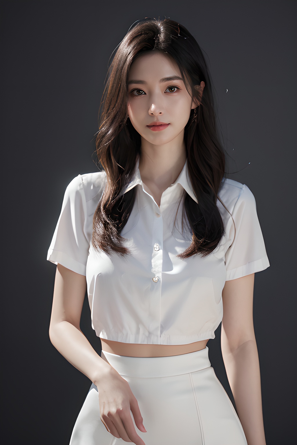 <lora:0827_01:0.7>simple background, (global illumination,  reality, ray tracing,  HDR,  unreal rendering,  reasonable design,  high detail,  masterpiece, best quality,  ultra high definition,  movie lighting),1girl,solo,smile,realistic,looking at viewer,long hair,makeup,upper body,<lora:z_Cloth_SenLuo_office lady_1_KEEPCHAR_1_DEFACE:0.55>,upper body,office lady,white shirt,black skirt,pencil skirt,pantyhose,white skin,pale skin,cinematic_lighting,frontlight,Volumetric  Lighting,(EOS R8,50mm,F1.2,8K,RAW photo,,, 1girl,realistic,masterpiece, best quality, photorealistic, HDR,detail