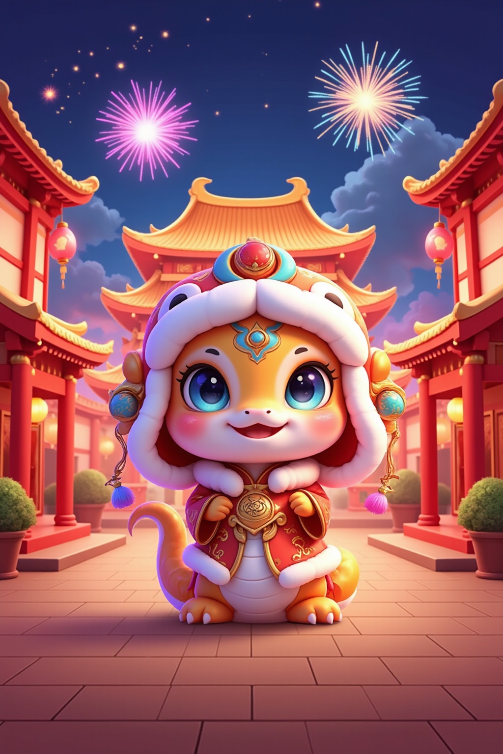 1snake,This vibrant digital illustration depicts a traditional Chinese holiday night, with an adorable, Chinese-style anthropomorphic snake character in the middle of the frame celebrating the Chinese New Year. The character has large, expressive blue eyes, a fluffy white hat with red and blue ornaments, and festive attire against a backdrop of a brightly lit, ornate temple with red lanterns, gold ornaments, and a pagoda-like roof. Fireworks burst in the starry sky, casting a festive glow, and the clean and tidy streets add to the lively atmosphere. The painting is rich in detail and color, capturing the essence of the joyous celebration. <lora:IP-蛇宝宝FLUX:0.8>