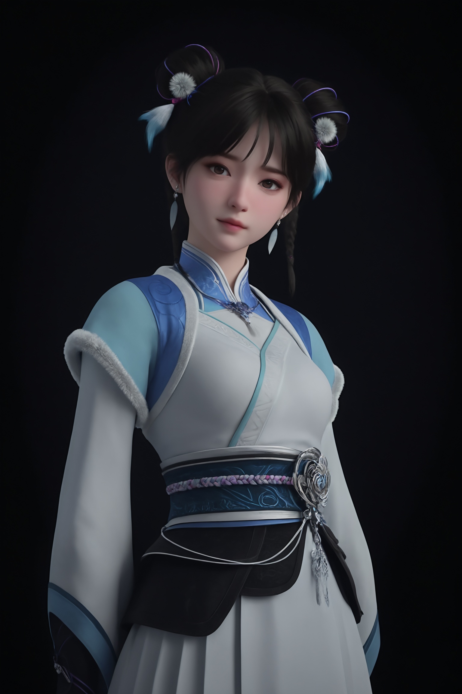 breasts,black background,simple background,photorealistic,1girl,beautiful_detailed_eyes,masterpiece,best quality,cinematic lighting,ethereal,standing,looking at viewer,<lora:神国之上-宁小龄IL:0.7>,1girl,dark hair,two high,intricately braided buns,white and pink hairpins,traditional East Asian outfit,white robe with blue and gold embroidery and a blue sash.long sleeves,black,textured belt,a pair of black gloves with a pink and blue stripe design,