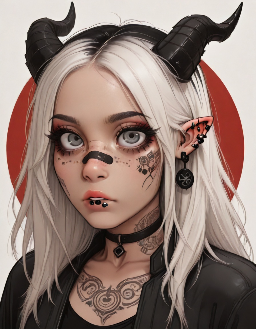 1girl,(detailed eyes),(pretty face),(detailed face),photo-realistic,realistic skin,realistic textures,detailed skin,photorealistic,ultrarealistic,8k,A digital illustration shoot from a portrait camera angle about a stylized portrait of a woman with a unique and edgy aesthetic,featuring intricate tattoos and japanese characters on her face and body. the image also shows a woman in the middle of the image,who appears to be a  *****,with a serious expression,looking directly at the viewer. she has long,straight,platinum blonde hair with black horns on her head and is wearing a black and white outfit with red accents. her hair is styled in a way that frames her face,and her eyes are a striking red color. her body is covered in intricate tattoos,including a bandaid on her nose,a barcode,and a pair of earrings. she is also adorned with multiple bracelets and a choker,adding to her edgy and rebellious look. the background is a plain white,with jpeg artifacts scattered throughout,and the overall style is reminiscent of anime or manga art,with bold red and black accents and intricate designs. 1girl,horns,solo,bandaid,bandaid on face,piercing,jewelry,bandaid on nose,tattoo,ear piercing,multicolored hair,black nails,earrings,looking at viewer,pointy ears,fingernails,black hair,rating:general,long hair,ring,grey eyes,parted lips,two-tone hair,multiple rings,lip piercing,portrait,arm tattoo,collar,white hair,long fingernails,hand tattoo,hair ornament,barcode,jacket,makeup,