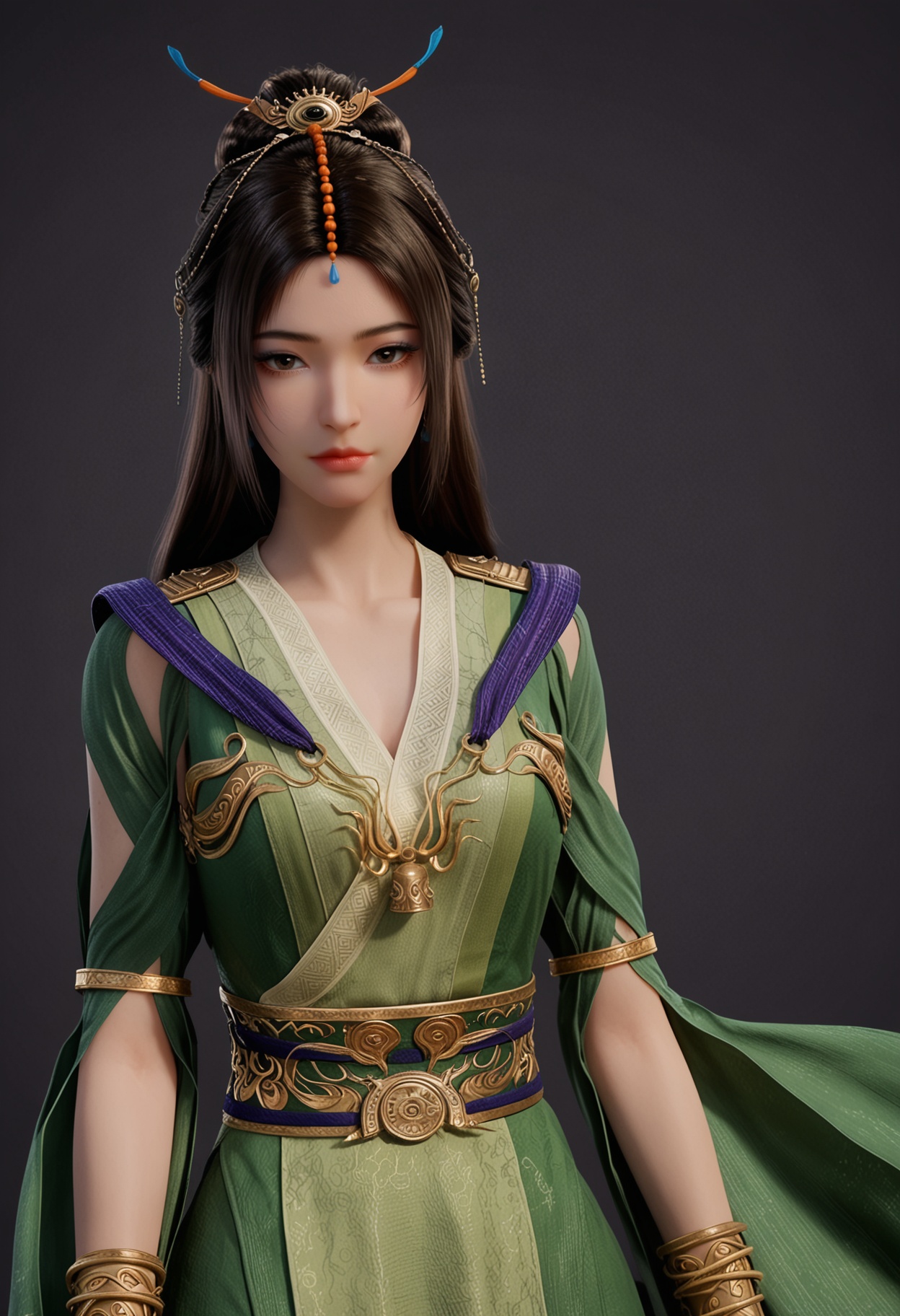 score_9,looking_at_viewer,upper body,(large breasts:0.8),liuyu,1girl,solo,black hair,hair ornament,long hair,green dress,realistic,dress,chinese clothes,closed mouth,jewelry,bracelet,sash,hair bun,brown eyes,clothing cutout,barefoot,(simple background,pure black background,black background:1.1),perfect_anatomy,<lora:QQSponyliuyuV1:0.8>,