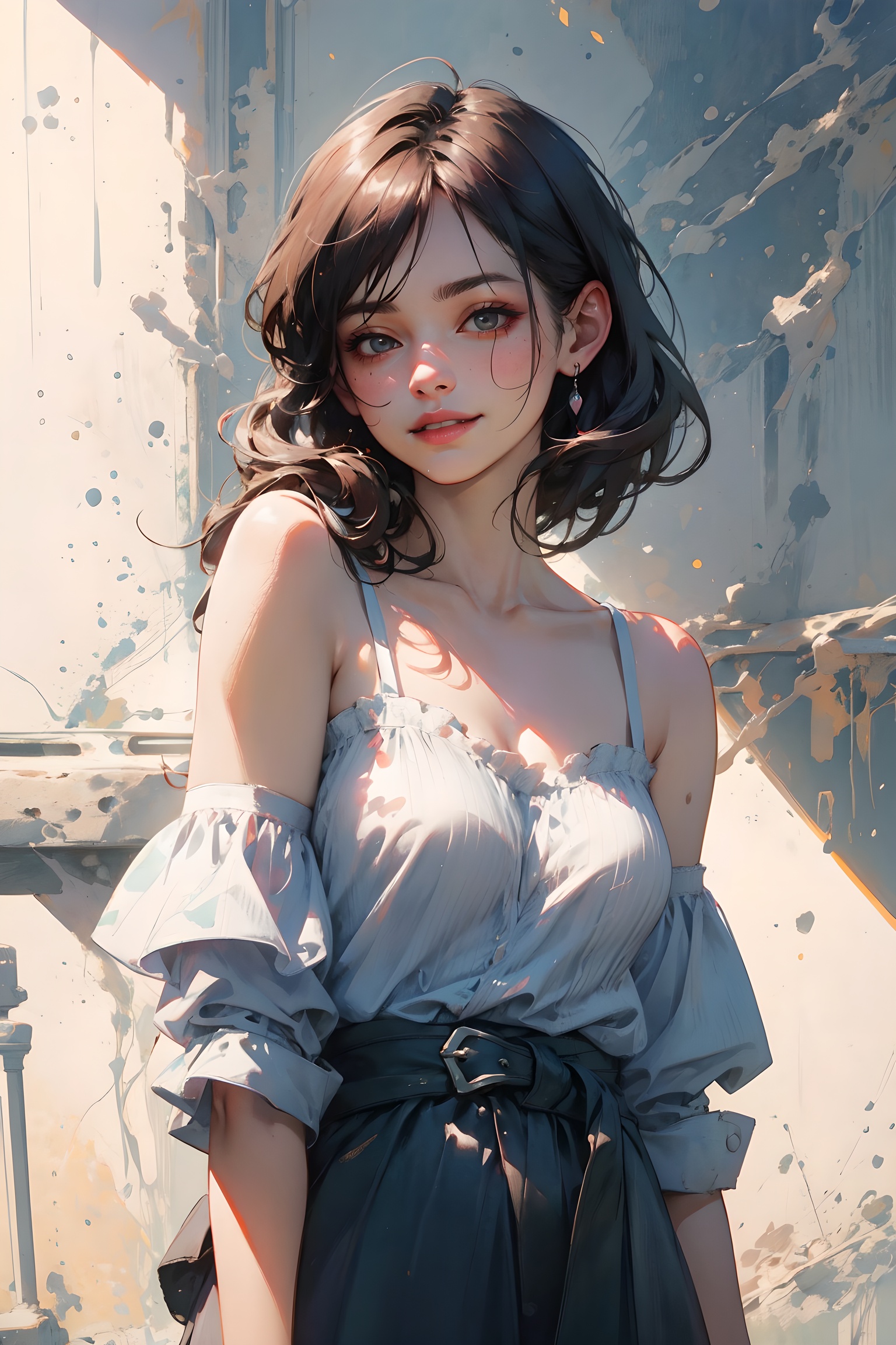 1girl, offshoulder, smile, cute, waist up, deep shadow, in the dark, low key.best quality, masterpiece, (photorealistic:1.4) .