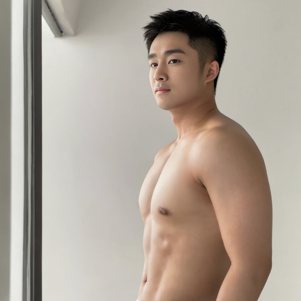 HIRO,1boy,asian boy,30 years old,highres,looking towards the lens,no top,Home,upper_body,clear background,front,white underwear,