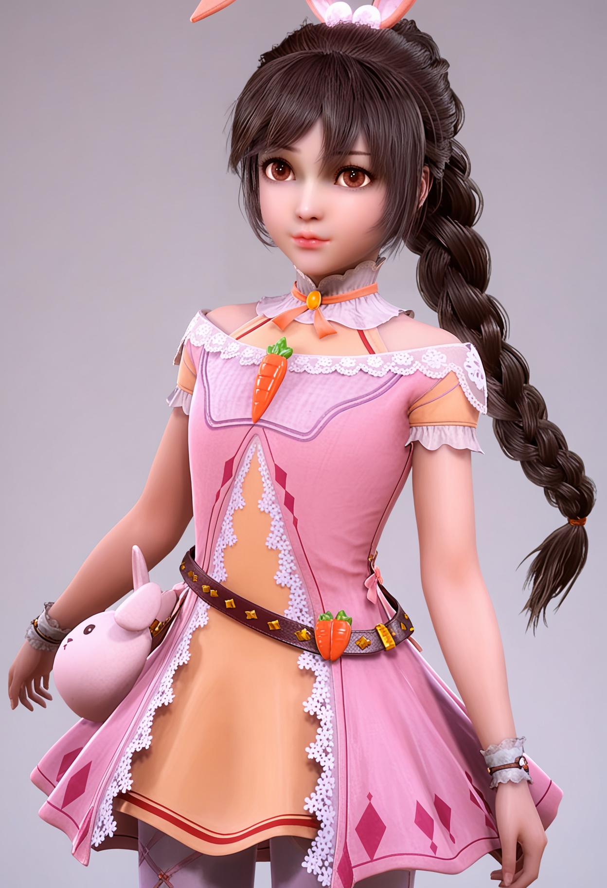 score_9,high detail,best quality,shiny skin,shiny,xiaowuyn,1girl,solo,brown eyes,dress,rabbit ears,single braid,pink dress,white background,brown hair,belt,carrot,long hair,breasts,choker,jewelry,realistic,hair ornament,bag,simple background,looking_at_viewer,cowboy shot,<lora:QQSponyxiaowuynV1:0.8>,<lora:Pony_DetailV2.0:0.8>,<lora:皮肤凹痕:0.1>,