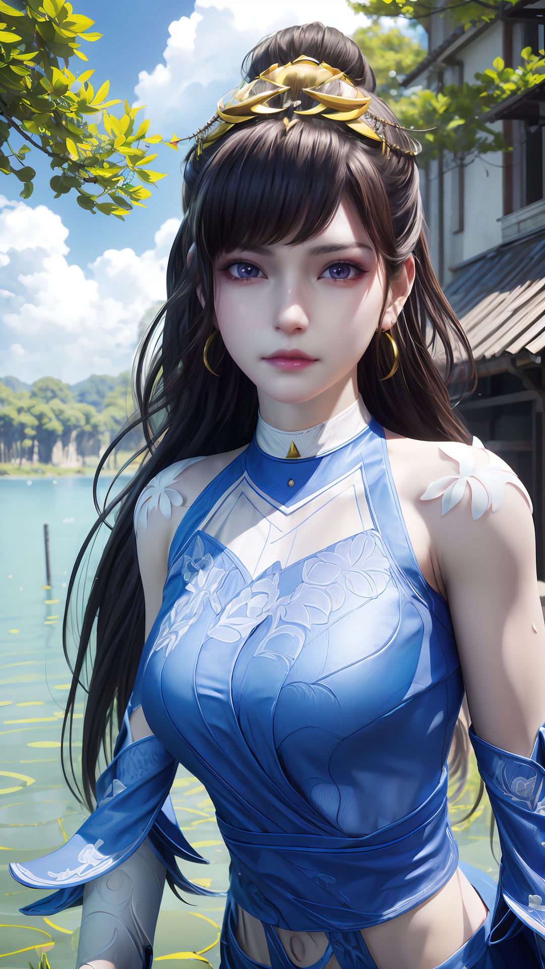 masterpiece,best quality,official art,extremely detailed CG unity 8k wallpaper,realistic,light rays,light particles,1girl,earrings,solo,jewelry,black_hair,long_hair,upper_body,blue_eyes,blue_ribbon,armlet,breasts,blue theme,starry background,scenery,starry sky,night,reflection,night sky,outdoors,milkway,cistern,(lotus:1.2),lake water,moon,long_hair,earrings,hair_ornament,dynamic pose,looking at viewer,cowboy shot,