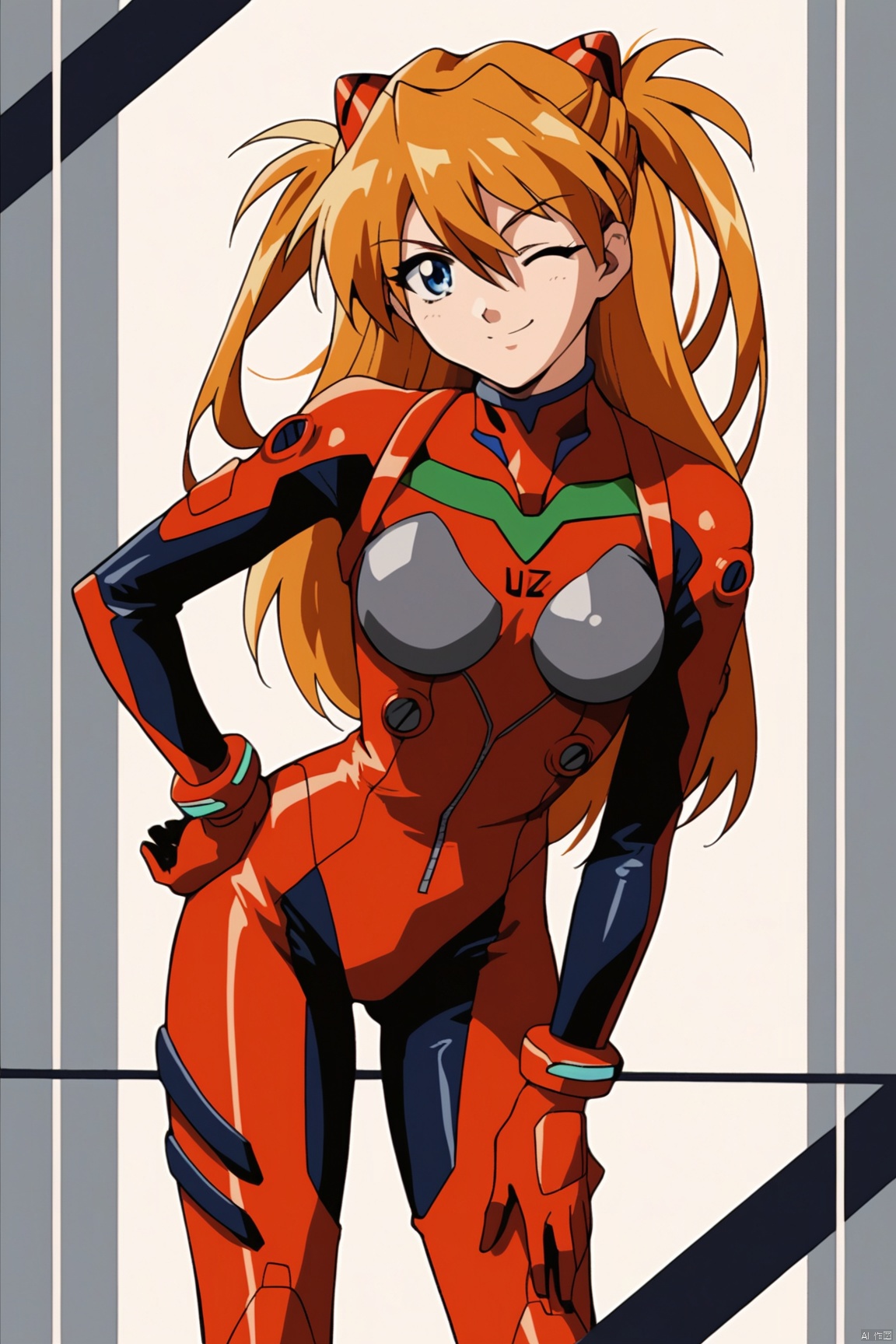 score_9,score_8_up,score_7_up,score_6_up, retro artstyle, 1980s (style),1girl, souryuu asuka langley, solo, plugsuit, one eye closed, long hair, smile, blue eyes, bodysuit, orange hair, breasts, hand on hip, red bodysuit, leaning forward, pilot suit, looking at viewer, hair between eyes, character name, two side up, bracer, ;), bangs