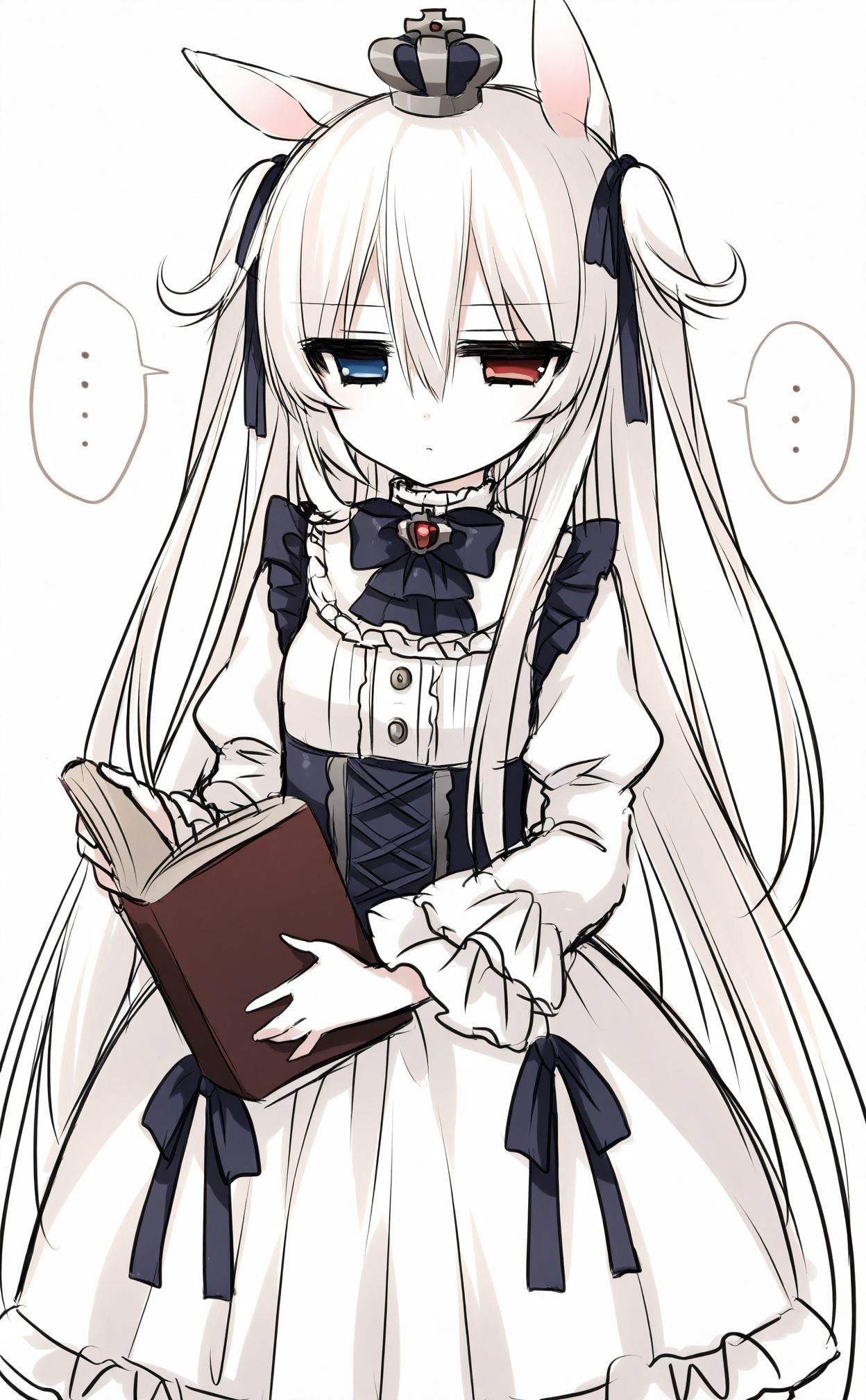 masterpiece,absurdres,best quality,((petite)),loli,high quality,white theme,//,1girl,heterochromia,solo,long_hair,...,crown,animal_ears,book,white_hair,red_eyes,spoken_ellipsis,blue_eyes,two_side_up,ribbon,mini_crown,dress,gothic_lolita,white_background,lolita_fashion,simple_background,//,<lora:月影ネム——【CKXL】hans:1>,