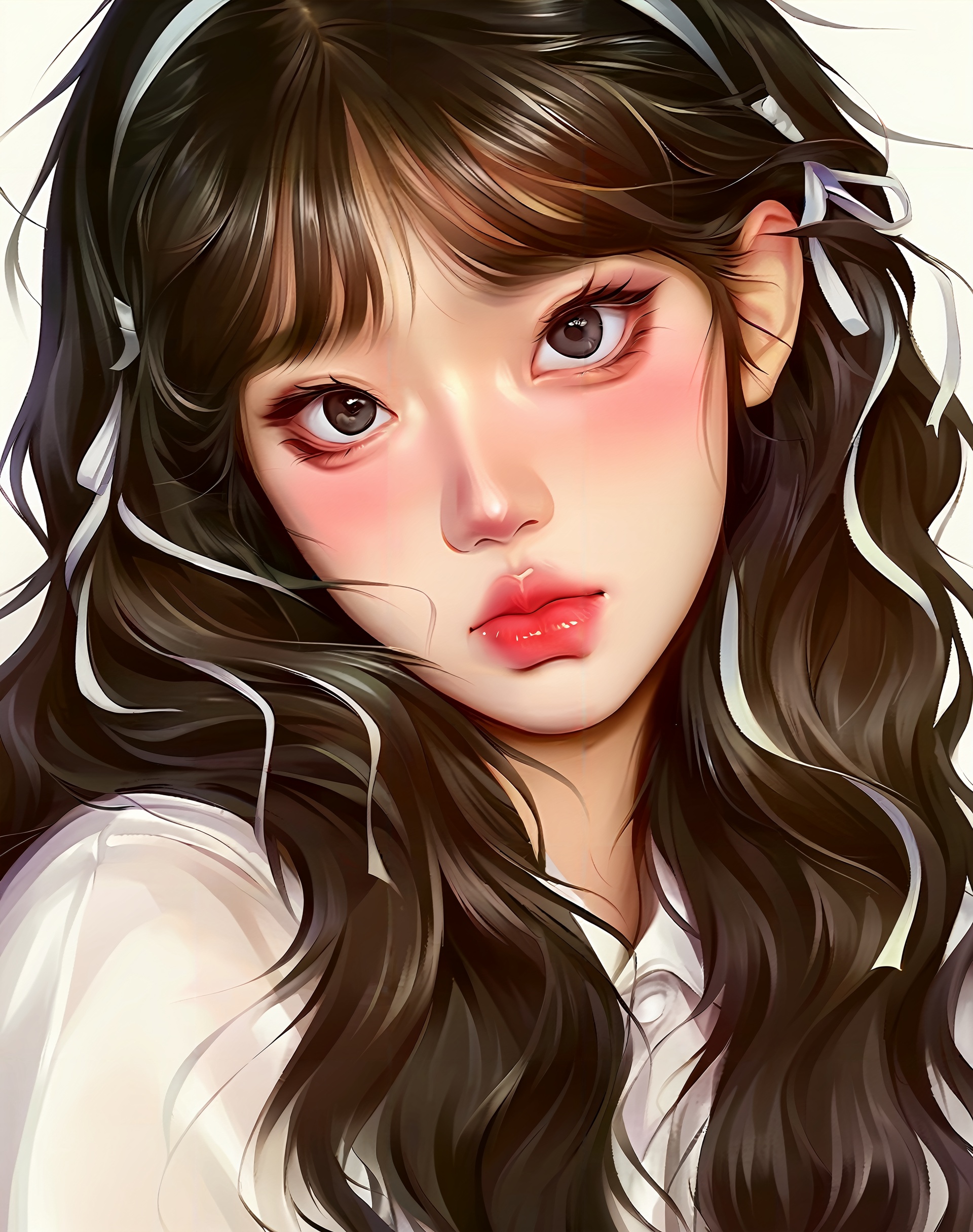 (画风22:1),portrait, oblique light, ears, closed lips, exquisite nose, black long eyelashes, blunt bangs, 1girl, long hair, looking at viewer, ribbon, white hair ribbon, realistic, white shirt, messy hair, closed mouth, collared shirt, black hair, black eyes, realistic style, wavy hair, white background, head tilt, blush, digital illustration