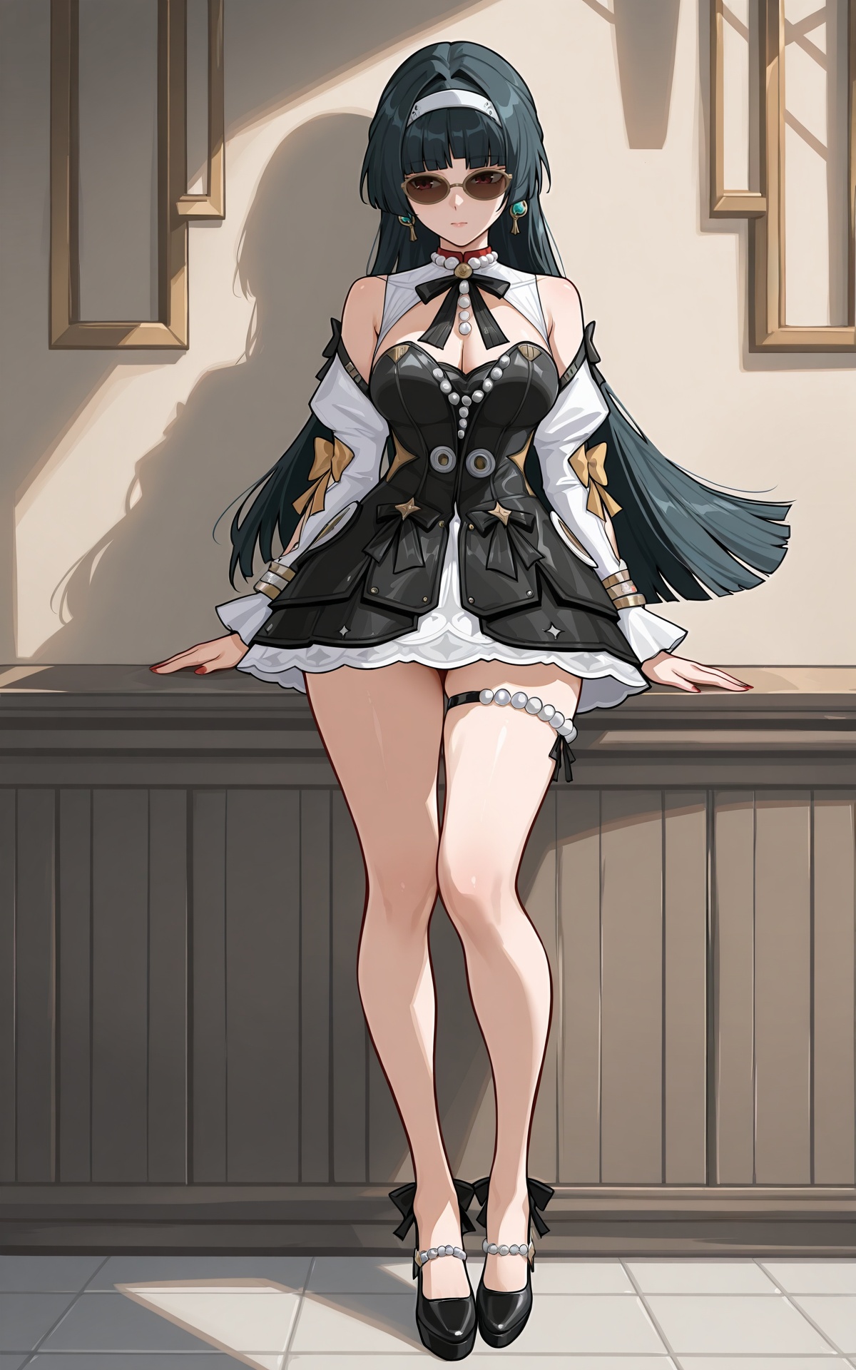 professional,masterpiece,best quality,newest,absurdres,highres,high resolution,best quality,ultra-detailed,high-definition,4k,8k,sharp focus,clear,crisp,<lora:xl-ill-Astra Yao-v1-000008:0.8>,Astra Yao:Chandelier\(zenless zone zero\),1girl,solo,sunglasses,black hair,long hair,blunt bangs,hairband,white hairband,earrings,dress,jewelry,breasts,black bow tie,black dress,detached sleeves,white sleeves,long sleeves,short dress,ribbon,golden bow tie,thigh strap,black footwear,