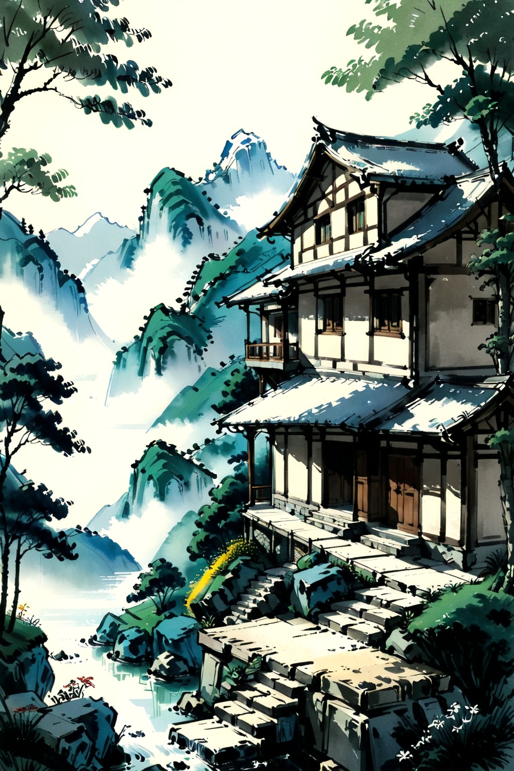 mountains,trees,building,detailed,<lora:IllustrationInk-0010:0.9>,moran,ink painting,