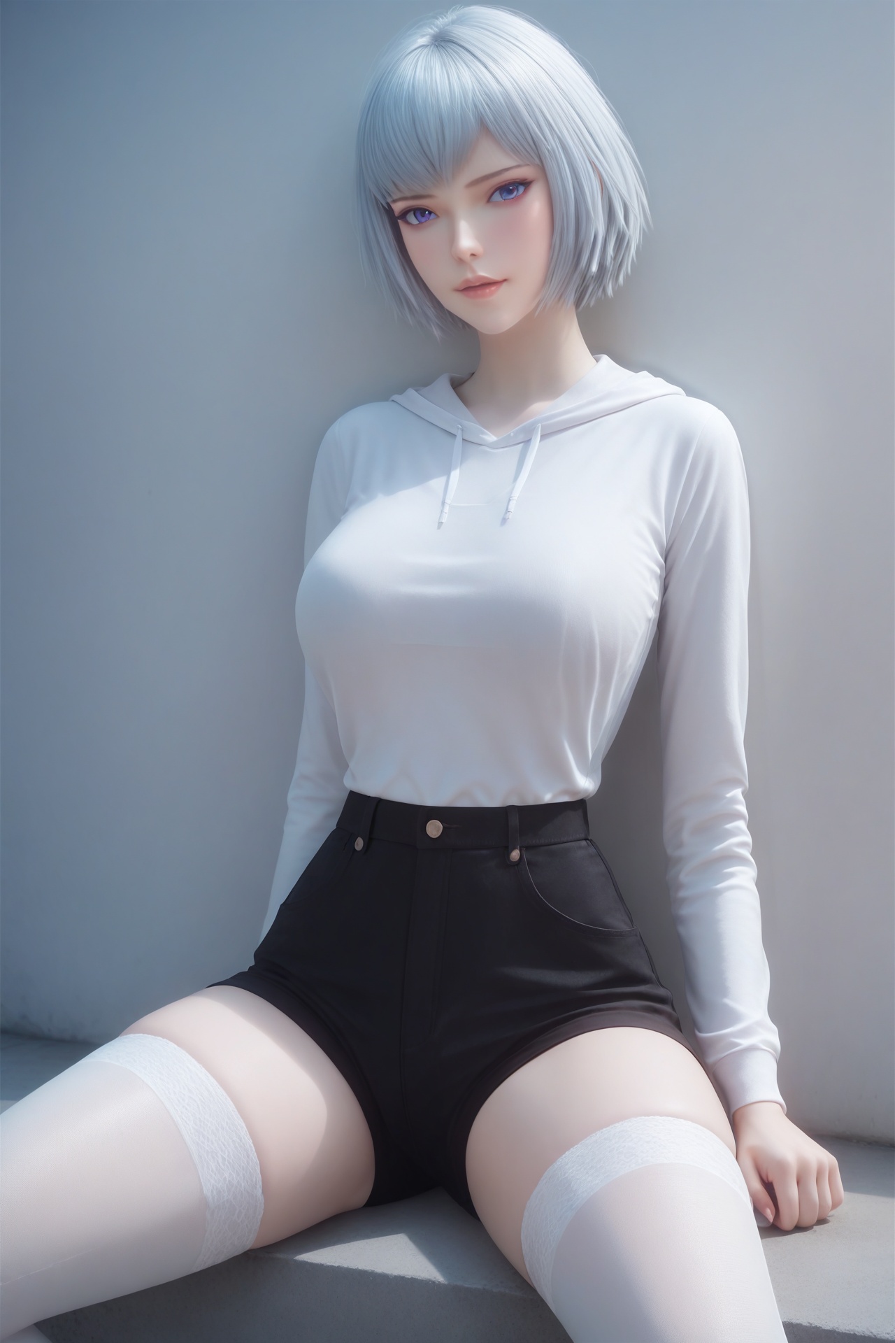 baiyuekui,<lora:baiyuekuiXL:0.8>,1girl,solo,score_9,score_8_up,score_7_up,32K UHD,8k,4k,best quality,extremely detailed cg 8k wallpaper,ultra-detailed,masterpiece,sharp focus,unconventional supreme masterpiece,masterful details,temperate atmosphere,with a high-end texture,luxurious sharp focus,intense,dynamic cinematic color,located artistic,Fashion and art,elegant and sophisticated,innovative use of light and shadow,decorative,allegorical,symbolic,with a high-end texture,low saturations,dim lighting,day,detailed bedroom,sitting,pale skin,looking at viewer,big breasts,sweatshirt,thighhighs,shorts,(petite:1.2),