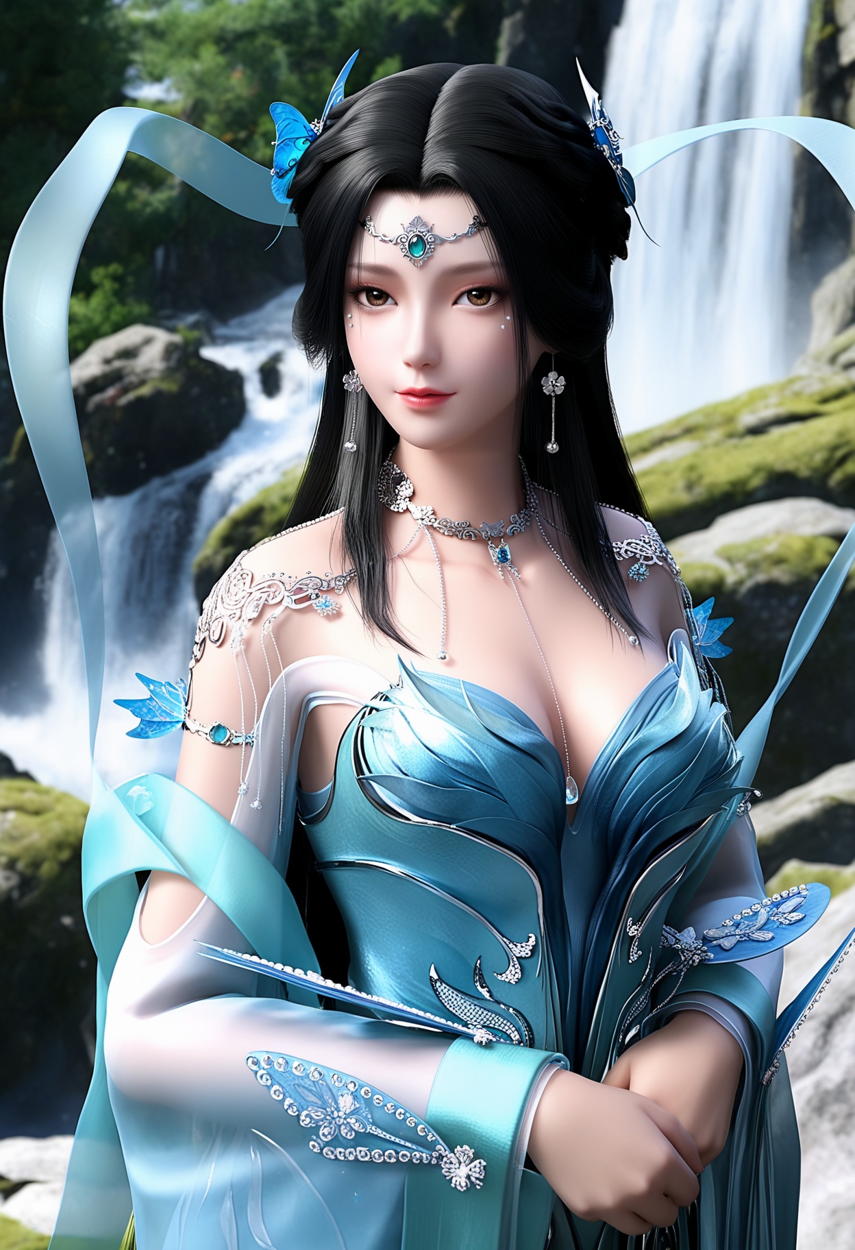 masterpiece,best quality,amazing quality,high resolution,ultra-detailed,absurdres,(looking at viewer:1.1),(upper body:1.2),(moody lighting:1.1),waterfall,peach blossom,falling petals BREAK (large breasts:0.8),jianglisz,1girl,solo,black hair,long hair,hair ornament,jewelry,earrings,necklace,dress,blue dress,butterfly hair ornament,bare shoulders,brown eyes,glowing light blue ribbons,shawl,shoes,blue footwear BREAK photorealistic details,<lora:QQSilljiangliszV1:0.8>,
