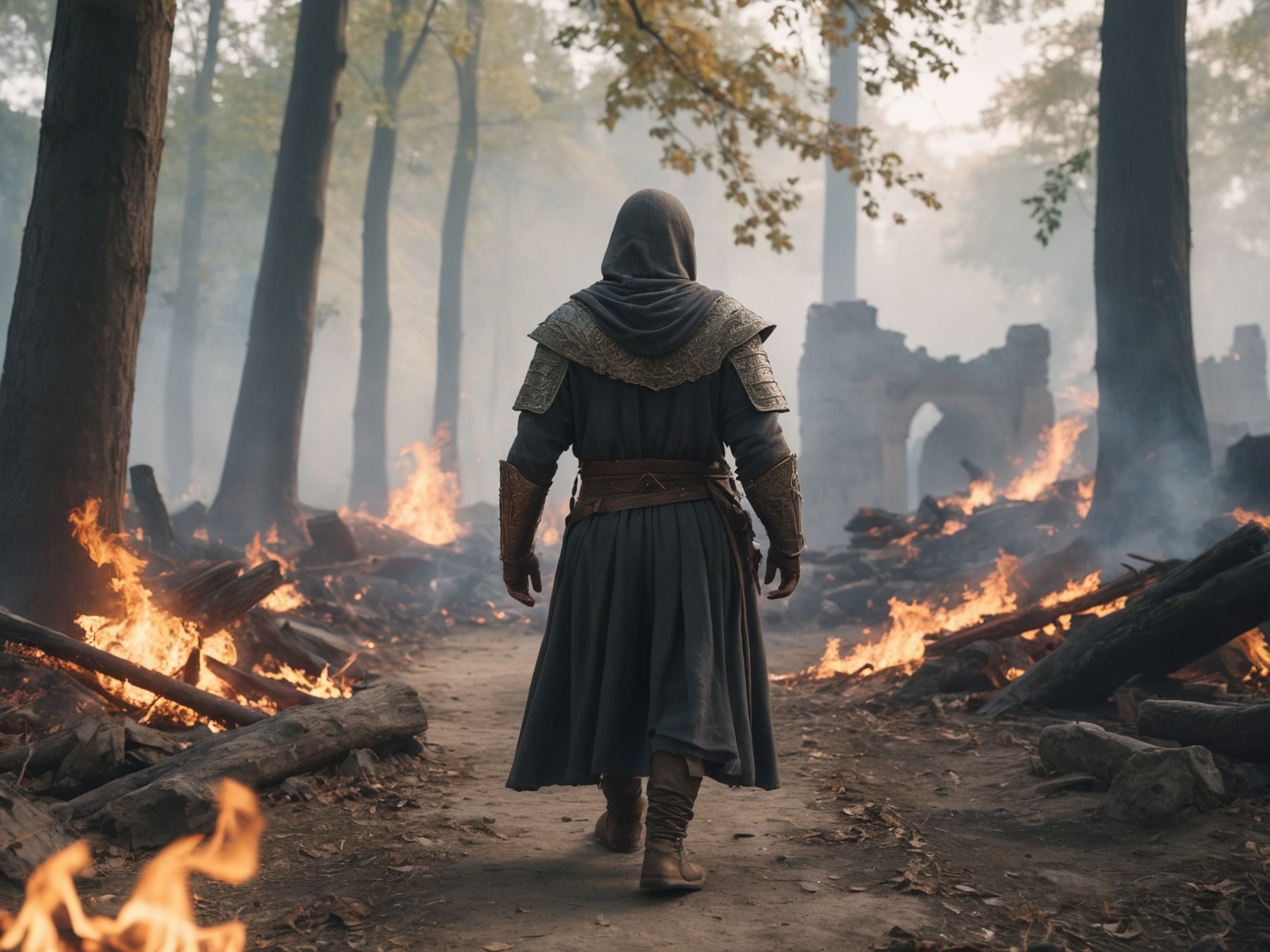khaluub walking through a medieval ruins covered in smoke,  solo,  1other on Tensor.Art