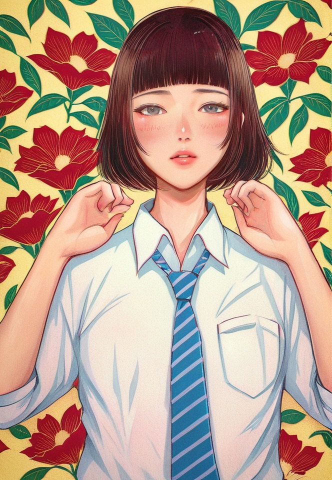 (best quality), ((masterpiece)), (highres), illustration, original, extremely detailed, <lora:少女梦绘卷:0.7>1girl, solo, shirt, necktie, white shirt, collared shirt, short hair, looking at viewer, upper body, striped necktie, breast pocket, pocket, parted lips, blue necktie, hands up, bangs, striped, grey eyes, red flower, blunt bangs, brown hair, blush, bob cut, black hair, wing collar