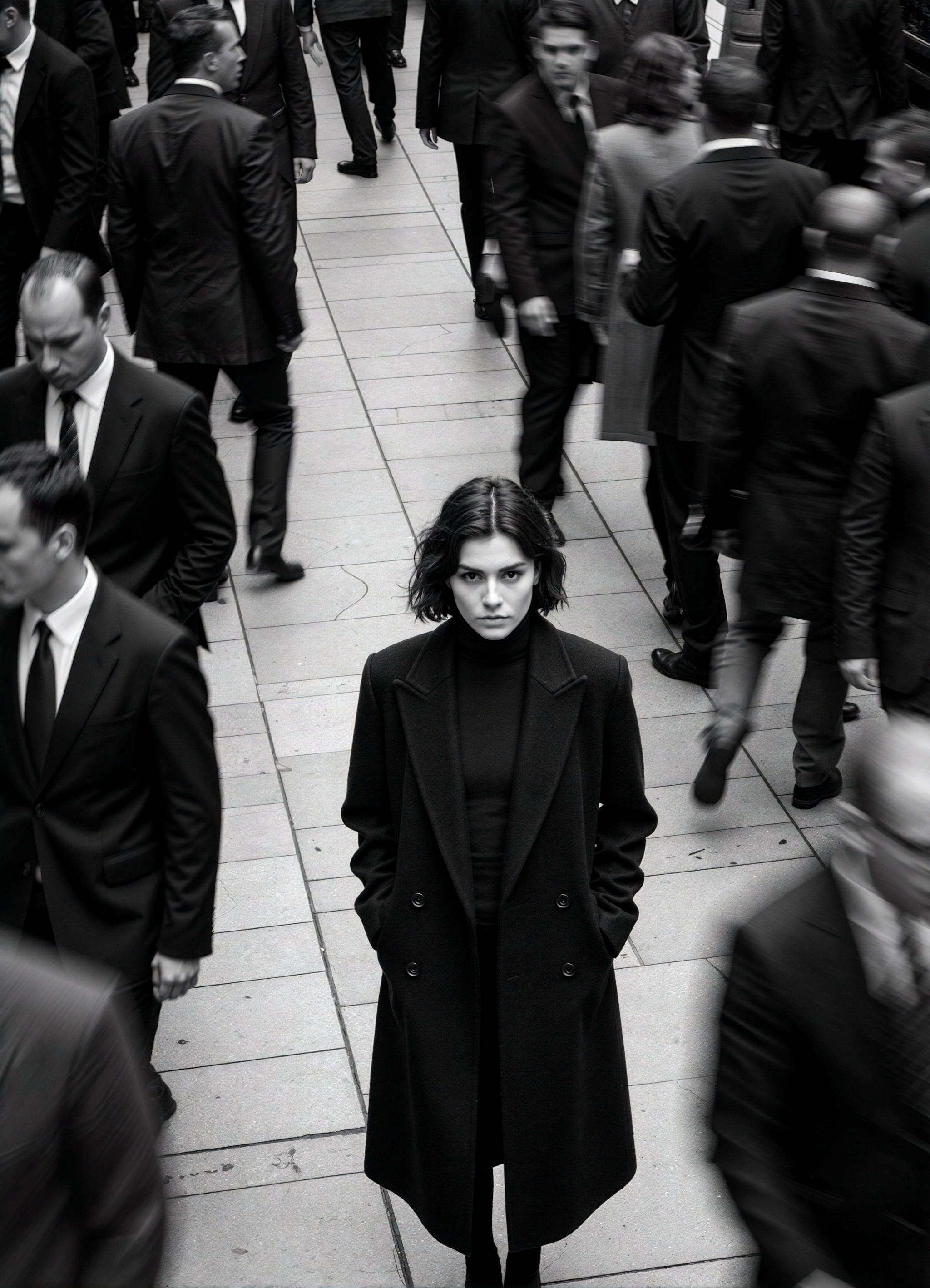 cinematic black-and-white street photography style,  high-contrast matte finish,  soft film grain and shallow depth of fie...