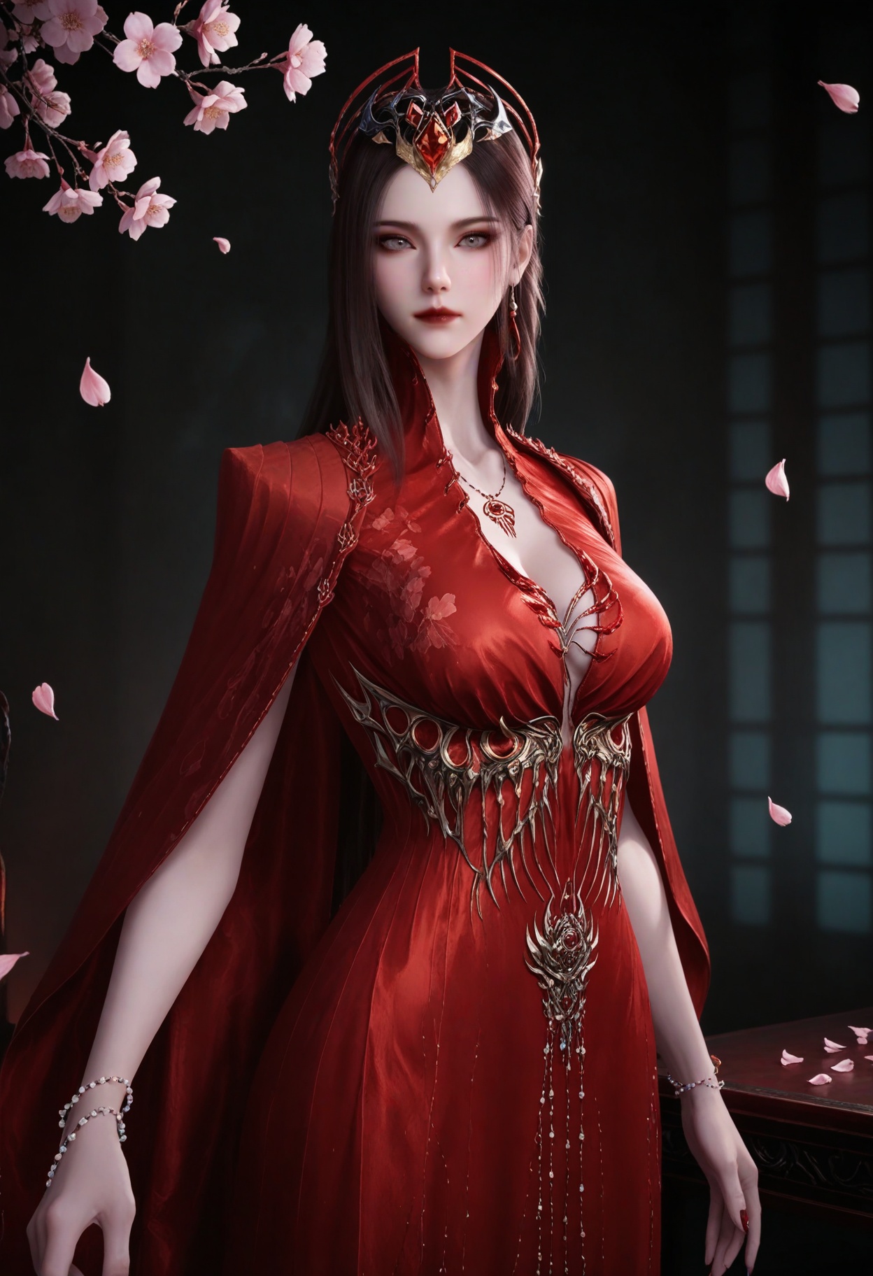 (looking at viewer:1.1),upper body,(Dark room:1.3),(moody lighting:1.1),peach blossom,falling petals,(large breasts:0.8),yexishui,1girl,solo,long hair,jewelry,red dress,dress,brown hair,closed mouth,realistic,hair ornament,earrings,cape,grey eyes,necklace,bracelet,red lips,high heels BREAK masterpiece,(best quality),(intricate details:0.9),(realistic skin:1.2),<lora:QQSillyexishuiV1:0.8>,