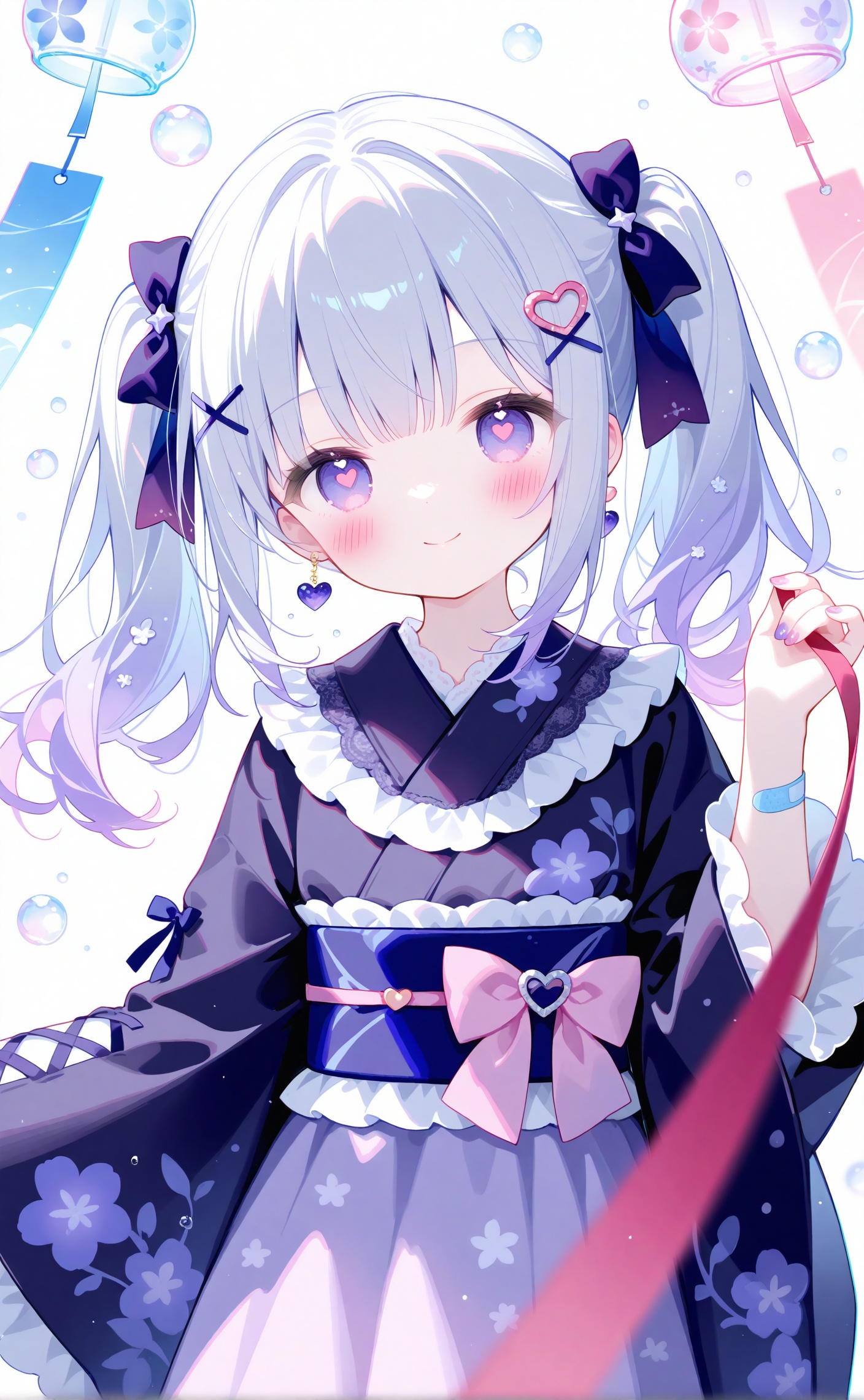 masterpiece,very aware,highres,absurdres,newest,best quality,loli,petite,high quality,chromatic_aberration,//1girl,japanese clothes,solo,kimono,wind chime,looking at viewer,purple kimono,purple eyes,hair ornament,sash,bow,ribbon,holding,obi,smile,hair bow,twintails,closed mouth,purple hair,jewelry,hairclip,bandaid,lolita fashion,earrings,wa lolita,bandaid on arm,wide sleeves,purple theme,long hair,heart,purple bow,long sleeves,multicolored hair,white hair,water drop,pink ribbon,nail polish,x hair ornament,blunt bangs,blurry,cowboy shot,symbol-shaped pupils,pink bow,bubble,hair ribbon,hand up,blue bow,purple ribbon,frills,star (symbol),blue ribbon,pink nails,blurry foreground,blush,depth of field,white bow,yukata,frilled kimono,standing,purple sash,heart hair ornament,sidelocks,purple nails,heart-shaped pupils,print kimono,grey hair,frilled sleeves,heart earrings,red ribbon,gem,holding ribbon,dot nose,white background,pink hair,gradient hair,lace trim,floral print,sparkle,multicolored nails,braid,cross-laced sleeves,two-tone hair,sleeve ribbon,medium hair,blue hair,