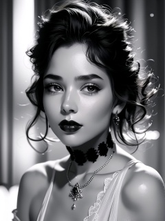 1girl,greyscale,monochrome,solo,jewelry,necklace,realistic,looking at viewer,earrings,curly hair,lips,dark-skinned female,short hair,close-up,exquisite makeup,upper body,, masterpiece,best quality,8k,insane details,intricate details,high detail,((masterpiece)), ((best quality)),