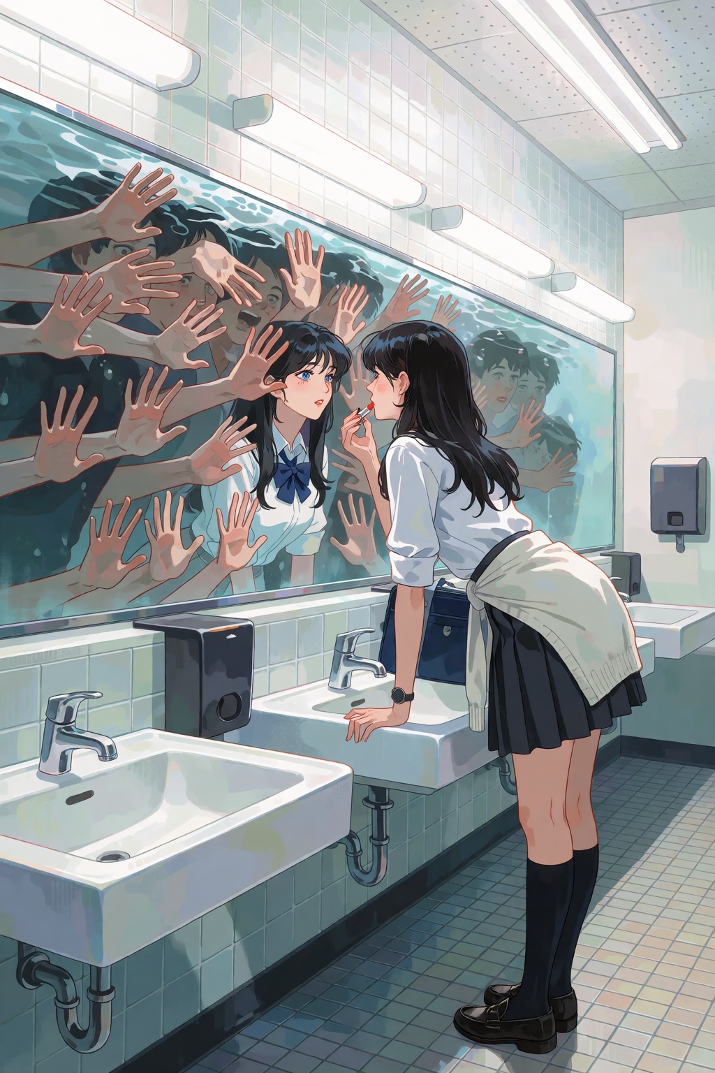 The scene takes place inside a clean,  modern high school bathroom with bright fluorescent ceiling lights,  very dramatic...