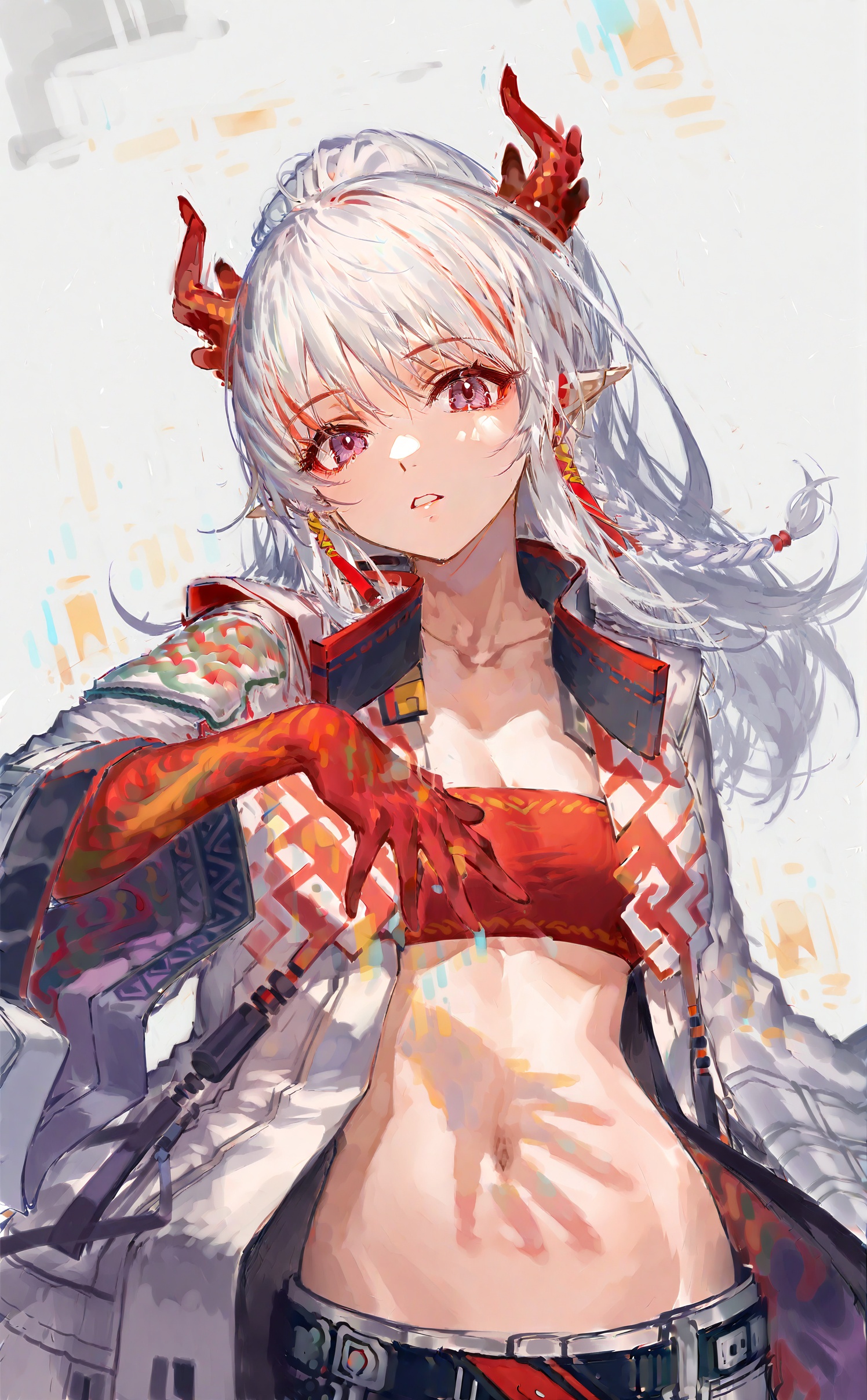 1girl,nian (arknights),solo,horns,red bandeau,white hair,tube top,navel,midriff,bandeau,pointy ears,looking at viewer,strapless,open clothes,long hair,purple eyes,streaked hair,multicolored hair,stomach,parted lips,red hair,open coat,braid,upper body,crop top,white jacket,breasts,open jacket,jacket,coat,dragon horns,jewelry,white coat,head tilt,wide sleeves,grey background,long sleeves,belt,earrings,collarbone,simple background,red skin,small breasts,colored skin,hand up,cleavage,tassel earrings,<lora:ciloranko-000040:1>,