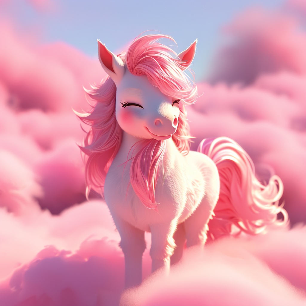 wuma, pony, whiskers, cute, cc-color-correction, mf-movie-filter, warm colors, whimsy and dramatic lighting, white fur, soft lighting, fluffy, pony focus, one eye closed, no humans, closed eyes, smile, closed mouth, blurry, outdoors, pink theme, blush, cloud, ;\), sky, pink hair, open mouth, full body, looking at viewer,<lora:wuma_v1:0.8>,