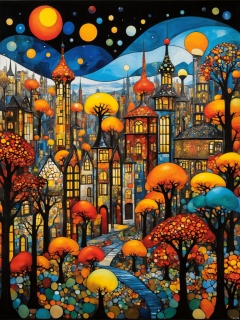 autumntime cityscape painting by Yayoi Kusama, in the style of colorful drawings, joe madureira, hans baldung, romantic graffiti, stained glass, multi-layered color fields<lora:EMS-343900-EMS:0.800000>