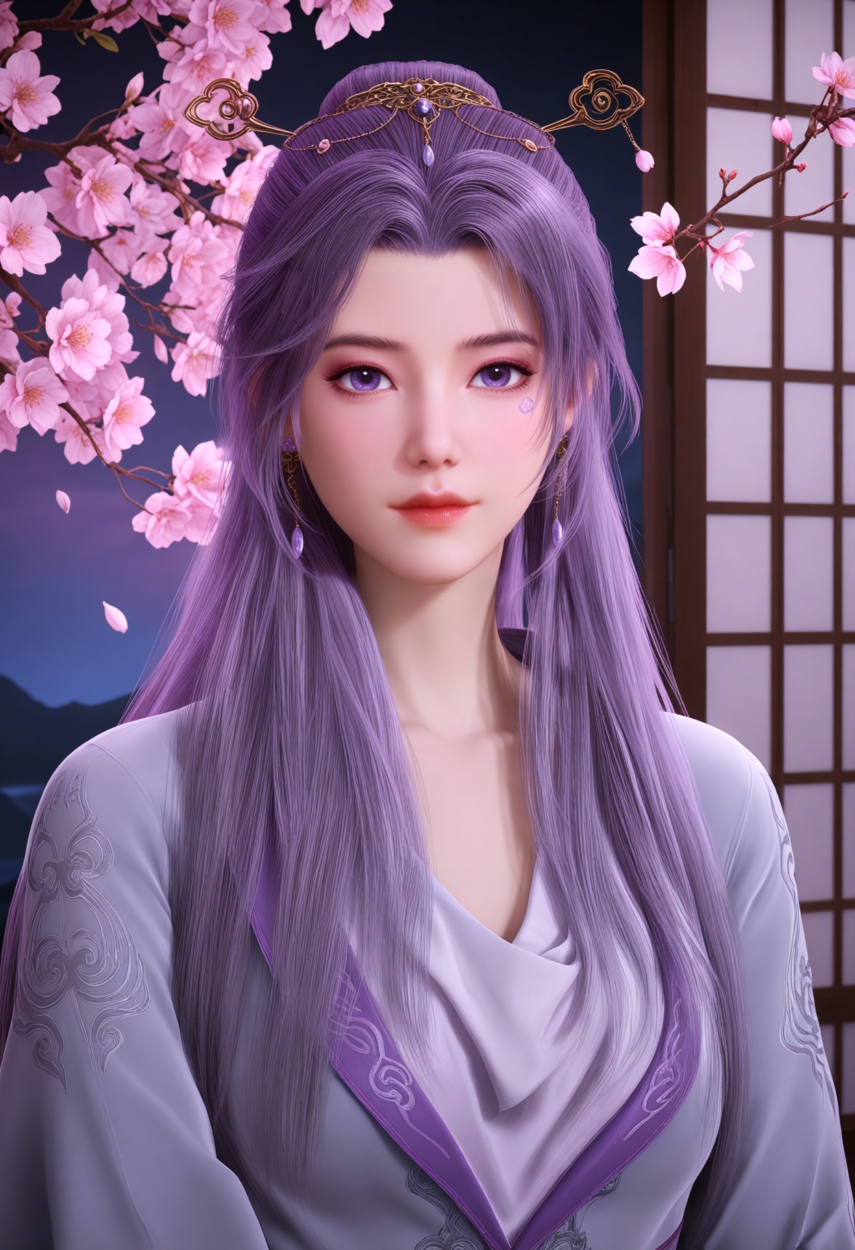 (upper_body:1.3),(looking_at_viewer:1.1),(masterpiece:1.1),(best quality:1.2),(intricate details),(smog:1.3),(Dark room:1.3),(dim lighting:1.3),peach blossom,falling petals,<lora:YQ_Illustrious光辉v5_云霄仙子_V1:0.8>,(q1528437228:1.2),long_hair,solo,1girl,purple_hair,hair_ornament,purple_eyes,jewelry,earrings,realistic,dress,long_sleeves,hair_bun,chinese_clothes,hanfu,blue_eyes,hair_stick,masterpiece,(best quality),(intricate details:0.9) BREAK (intricate details:0.9),(realistic skin:1.2),masterpiece,best quality,newest,absurdres,hiahres,