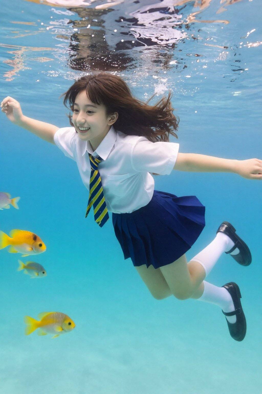 这是一张充满活力的水下照片,  一位年轻女子在清澈湛蓝的海水中优雅地游动。她身着传统的日本女学生制服,  包括一件白色衬衫 by 天TIN on Tensor.Art